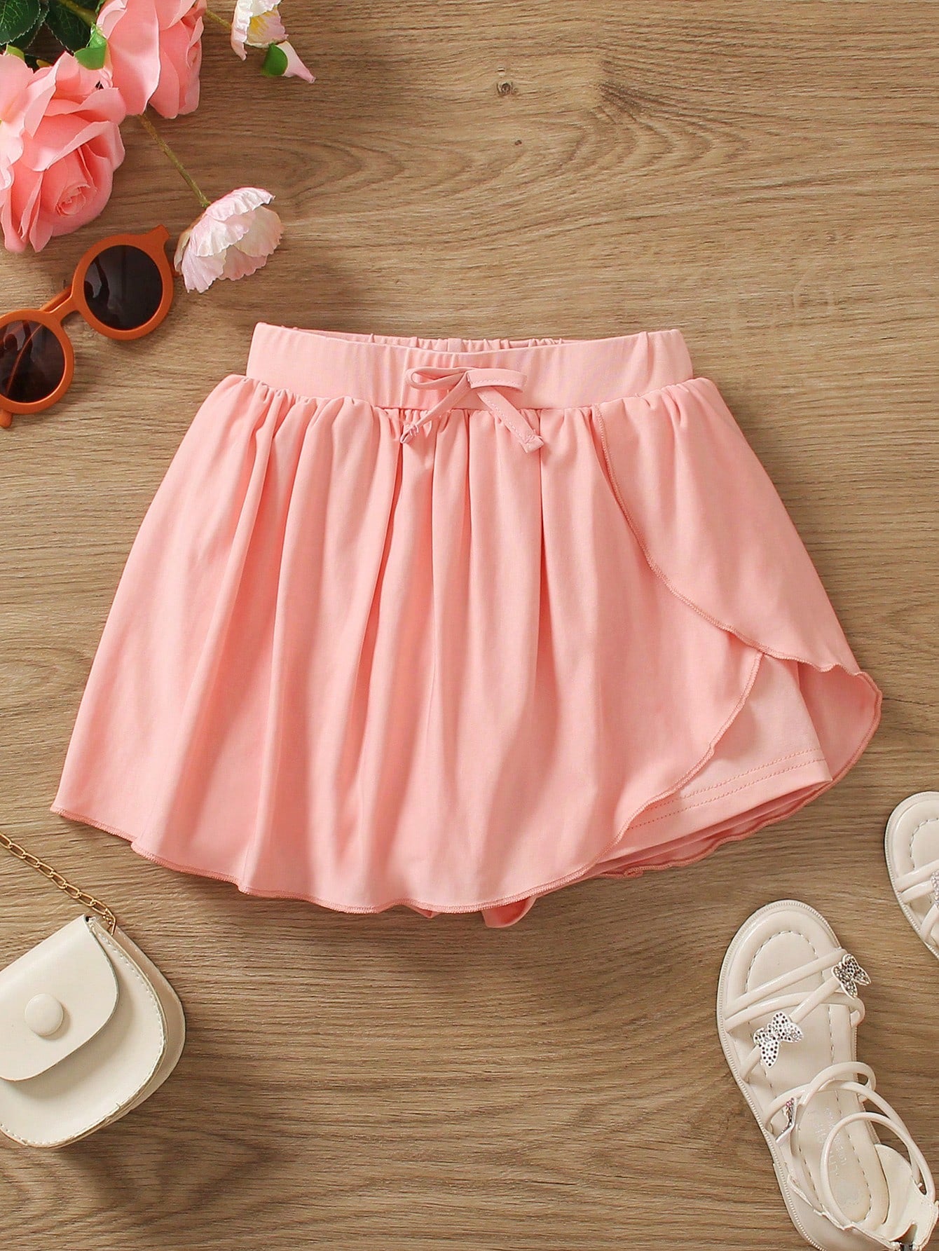 Young Girls' Solid Color Pleated Skirt With Waist Bow Decoration