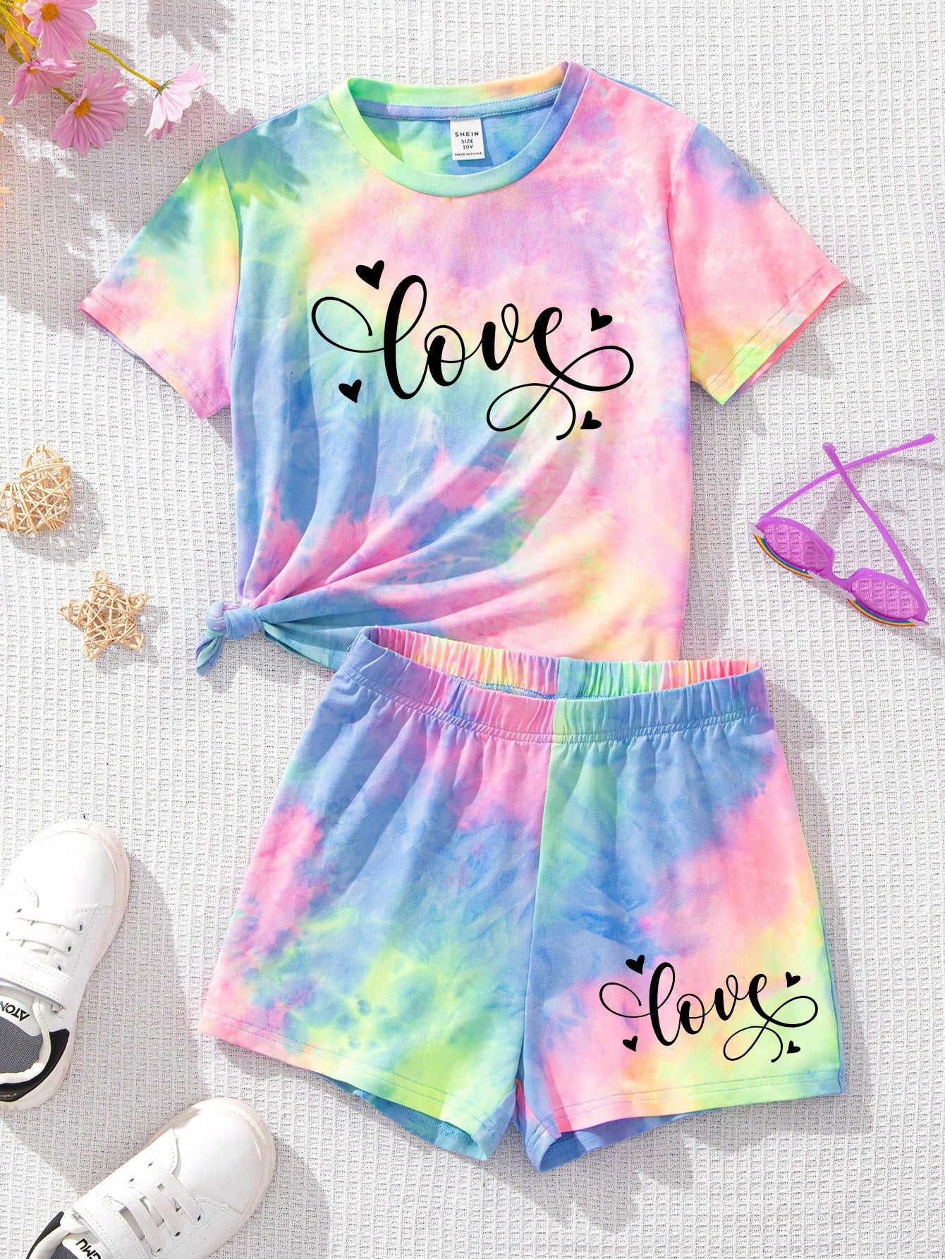 Tween Girl's Casual Tie-Dye Pattern Short Sleeve T-Shirt And Shorts Set For Summer