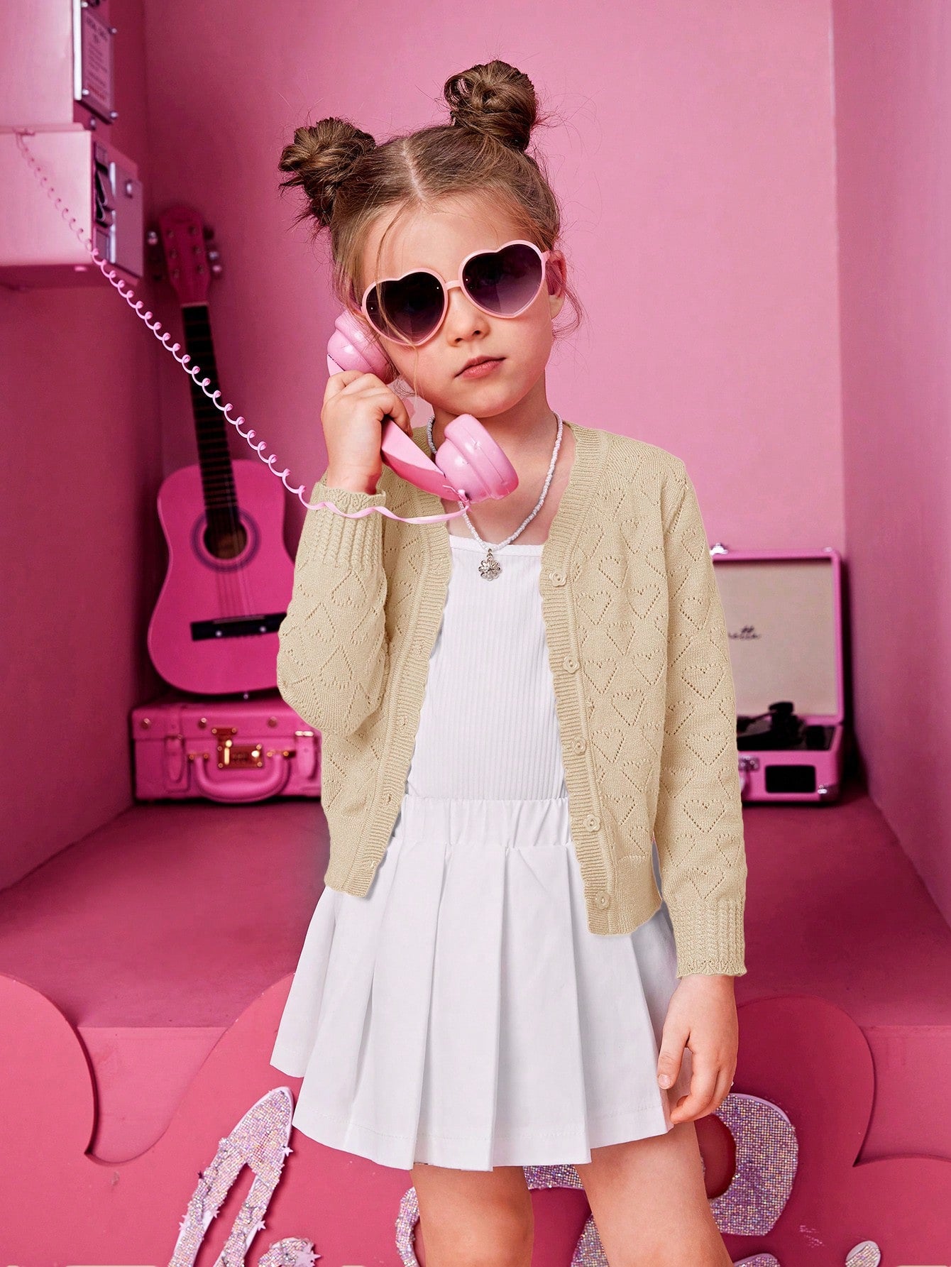 Young Girl V-Neck Long Sleeve Cardigan With Heart Pattern