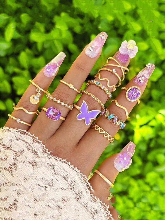 17pcs/Set New Fashion Knuckle Rings, Purple Oily Butterfly & Colorful Faux Gem Plain & Heart Pendant Rings