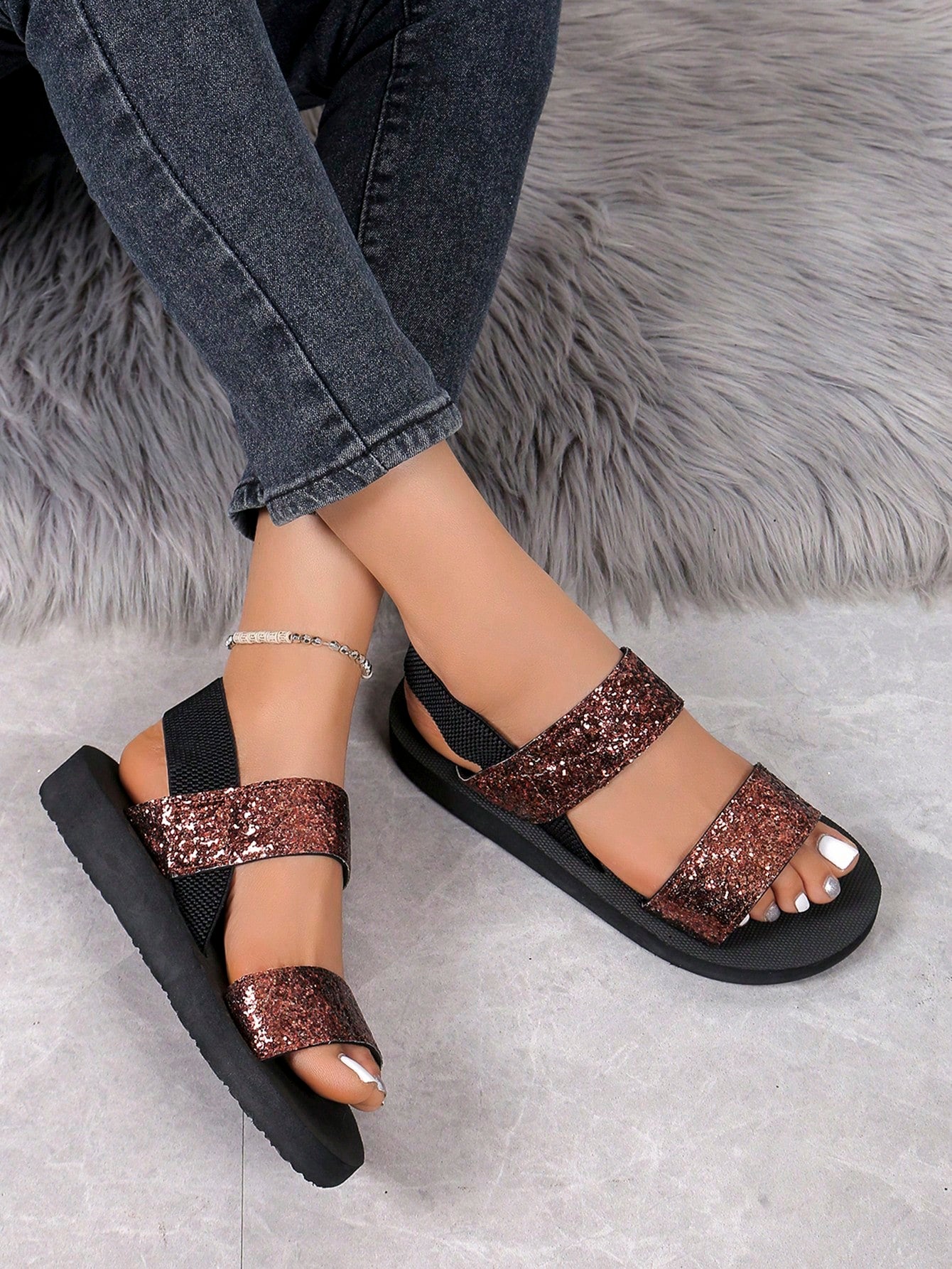 Women's Minimalist Double Strap Slingback Wedge Sandals With Sequins, Black Color, Flat, Suitable For Summer, Beach Vacation, Comfortable And Lightweight, Medium Heel Height, Fashionable To Wear Outdoors