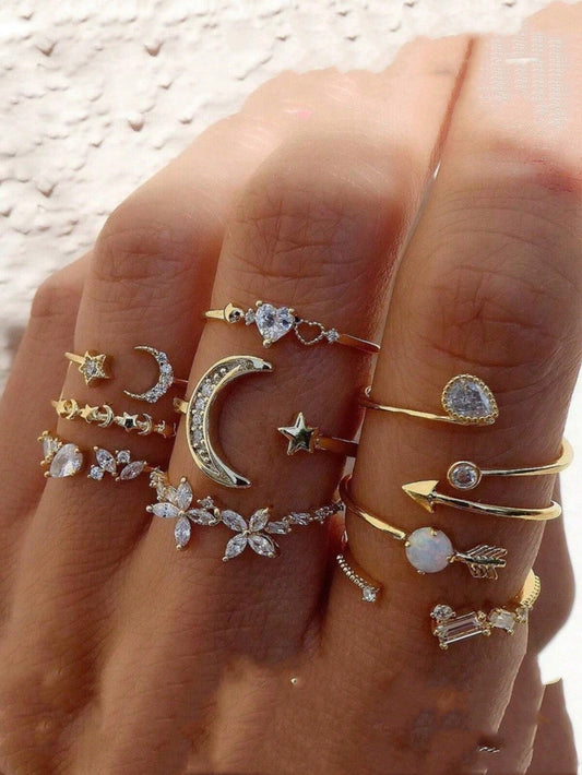 9pcs/Set New Design Rings, Personality 9 Piece Heart, Butterfly, Star, Moon Rhinestone Ring Set For Women