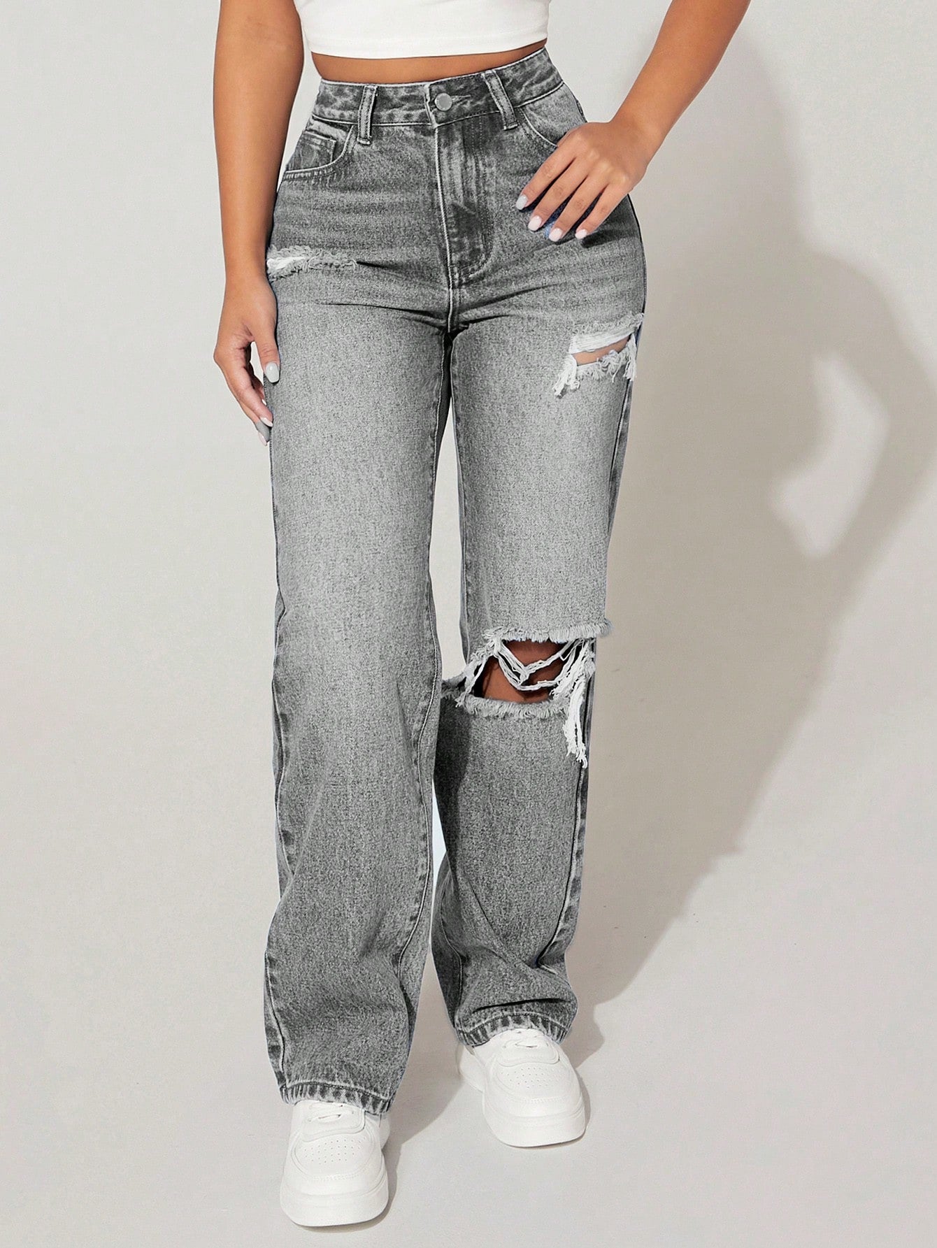 PETITE High Waist Cut Out Ripped Frayed Straight Leg Jeans