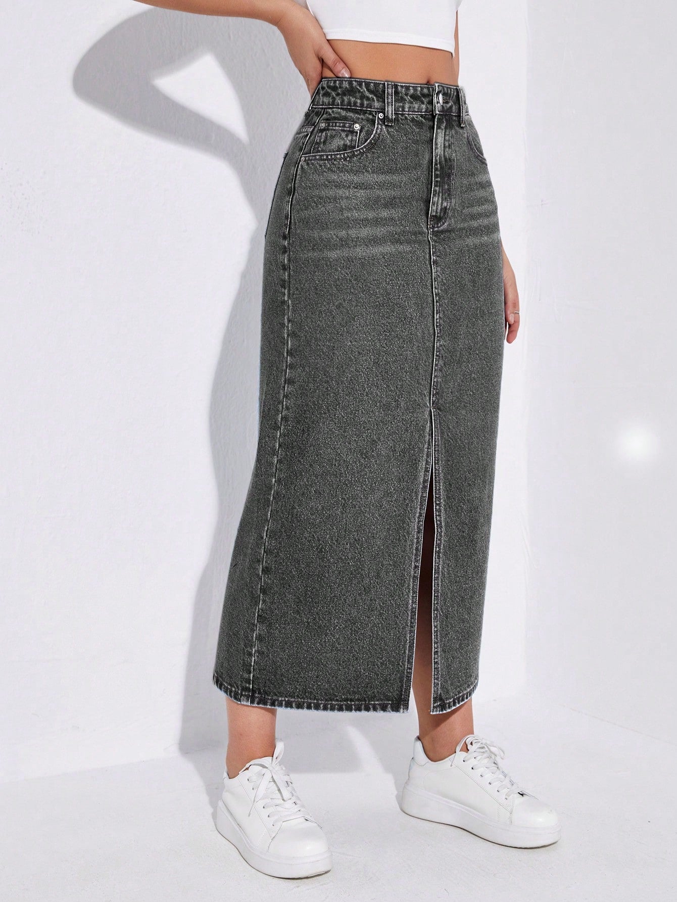 High Waist Slit Denim Skirt