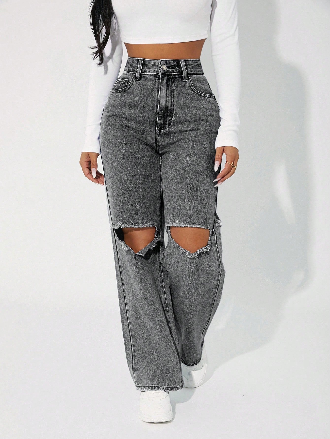 High Waist Cut Out Straight Leg Jeans