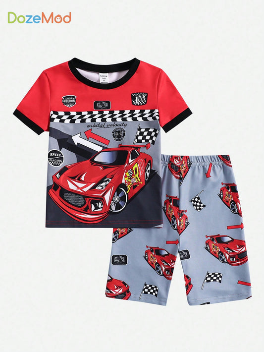 Young Boy Snug Fit Cartoon Car Pattern Color-Block Round Neck Short Sleeve Shorts Knitted 2-Piece Homewear Pajamas Set