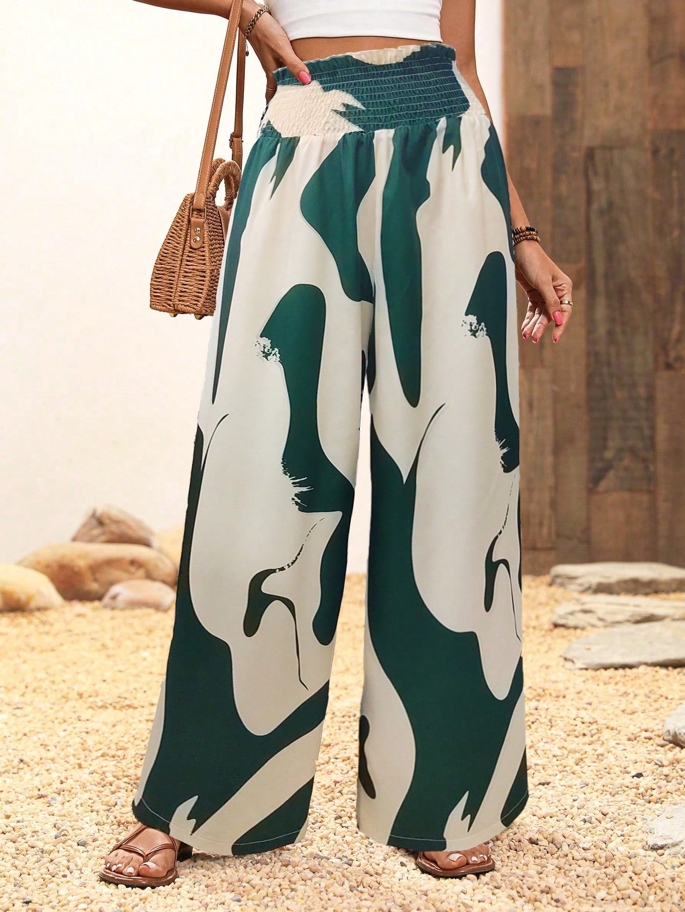 Floral Printed Elastic Waist Wide Leg Pants