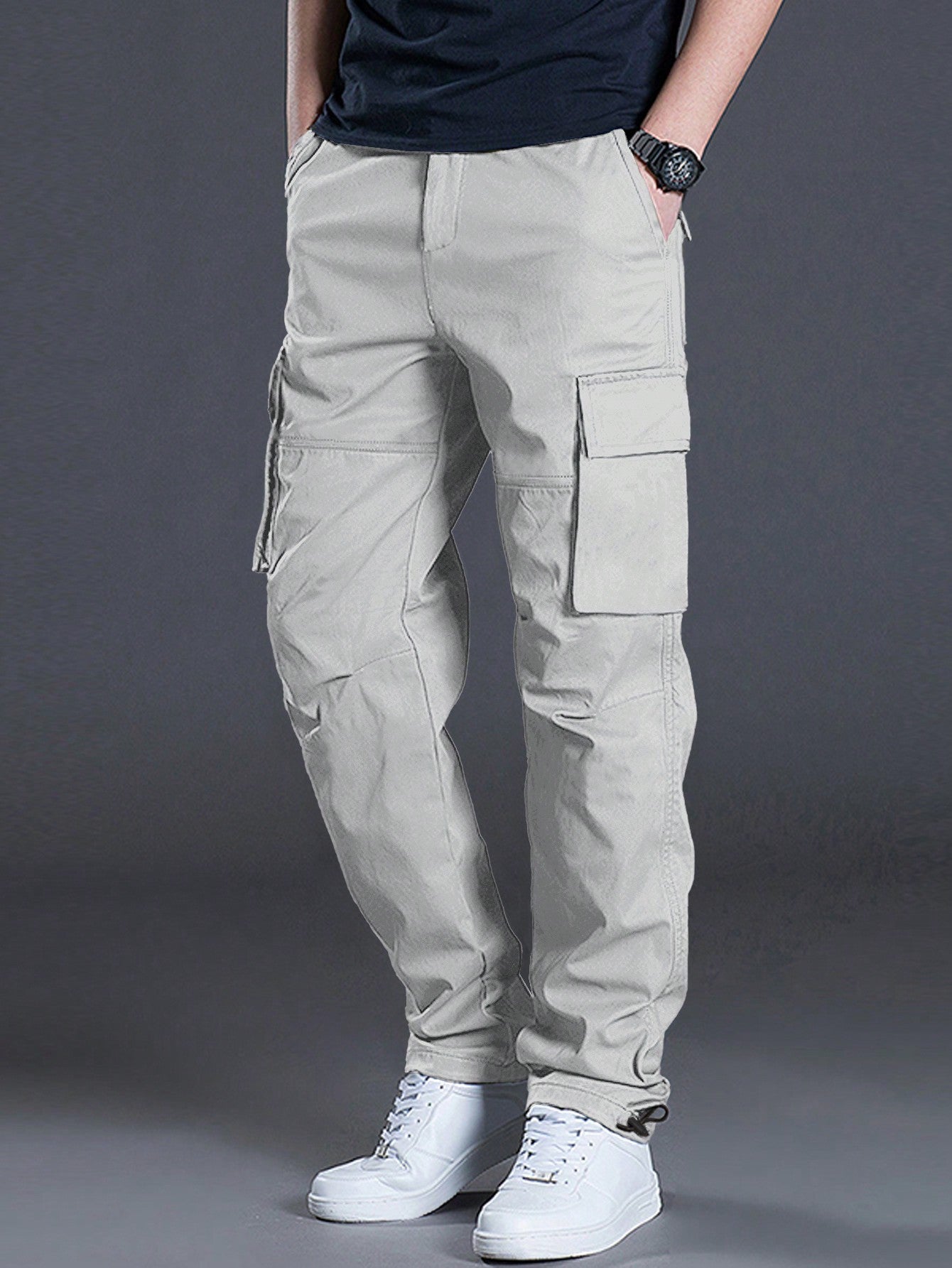 Men's Casual Solid Color Cargo Pants With Flap Pockets And Drawstring Waist