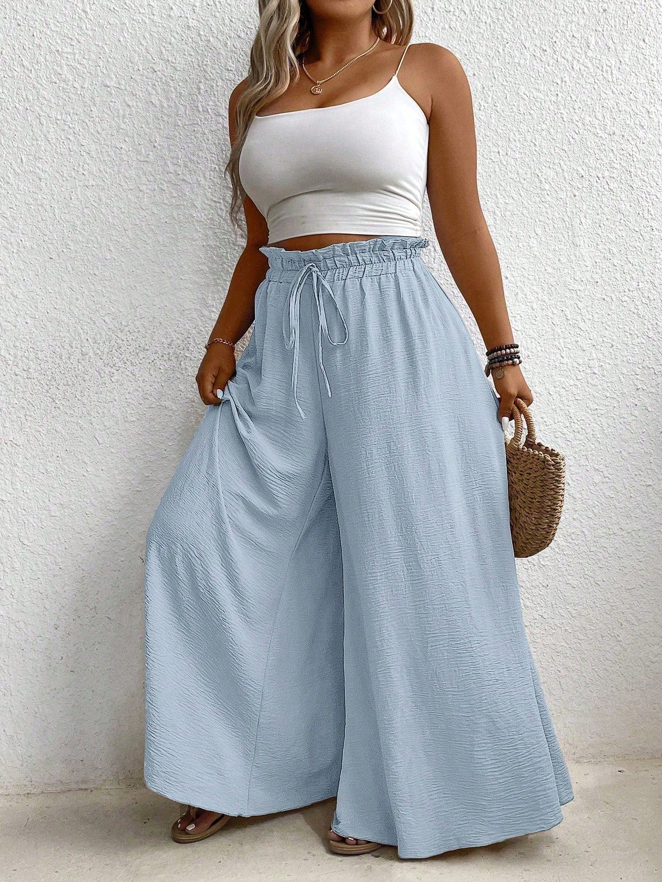 Plus Size Elastic Waist Belted Loose Textured Wide-Leg Pants