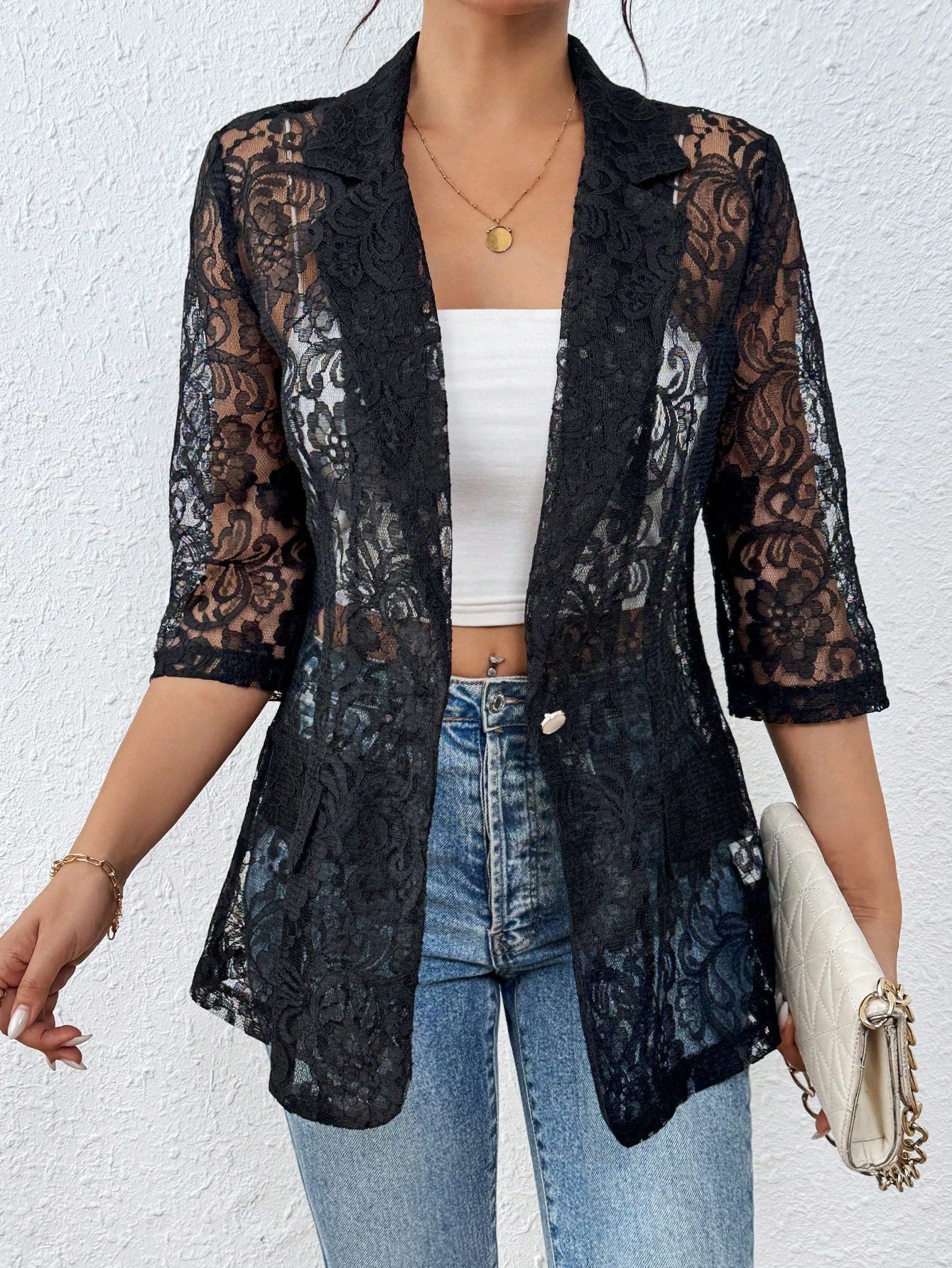 Women's Solid Color Lace Splice Elegant Blazer Jacket