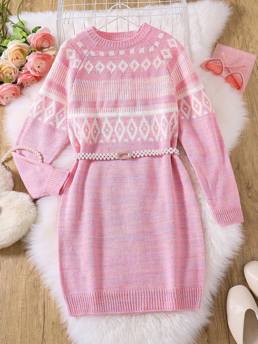 Tween Girl's Casual Geometric Pattern Sweater Dress, Fall/Winter