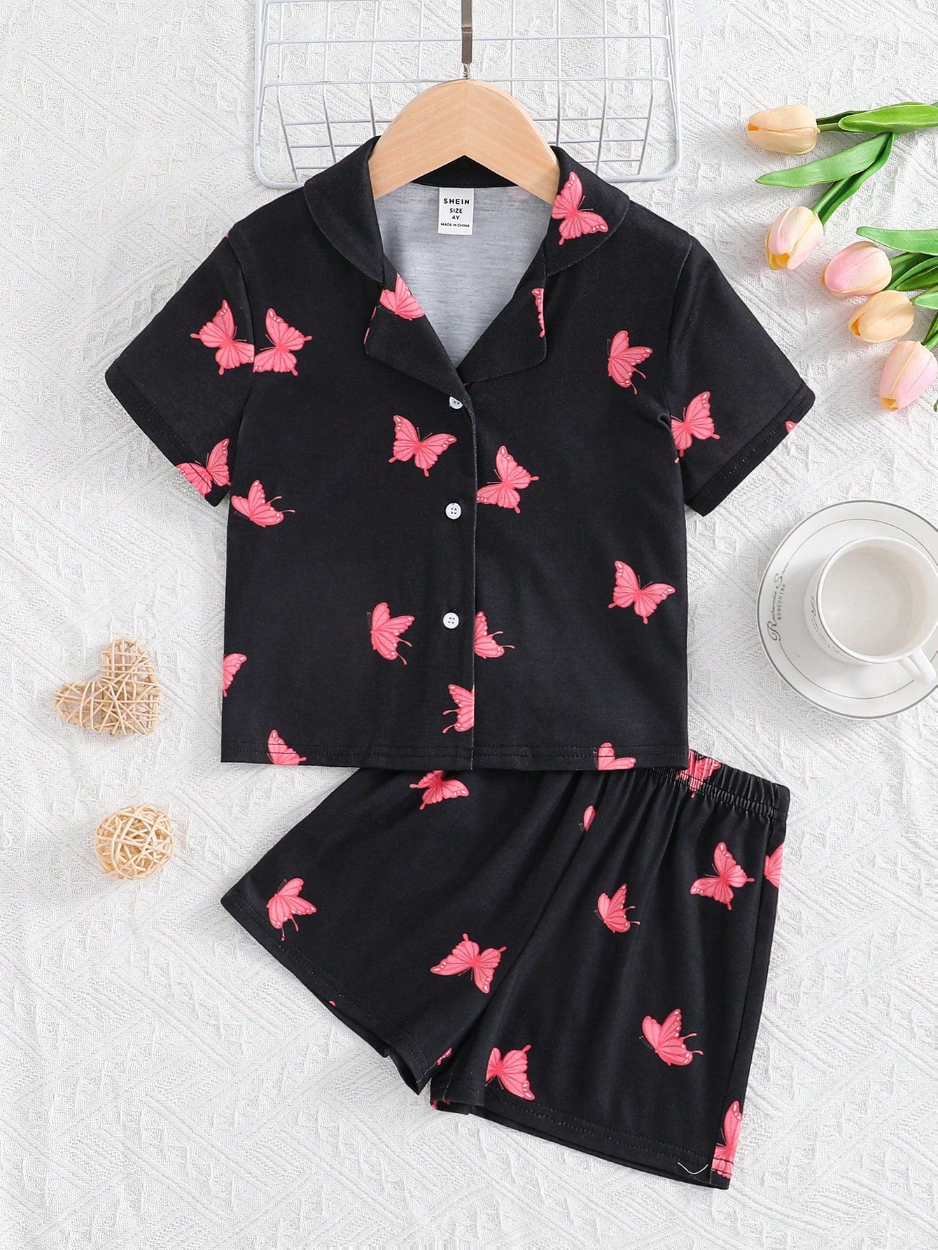 Young Girl Butterfly Print Lapel Neck PJ Set