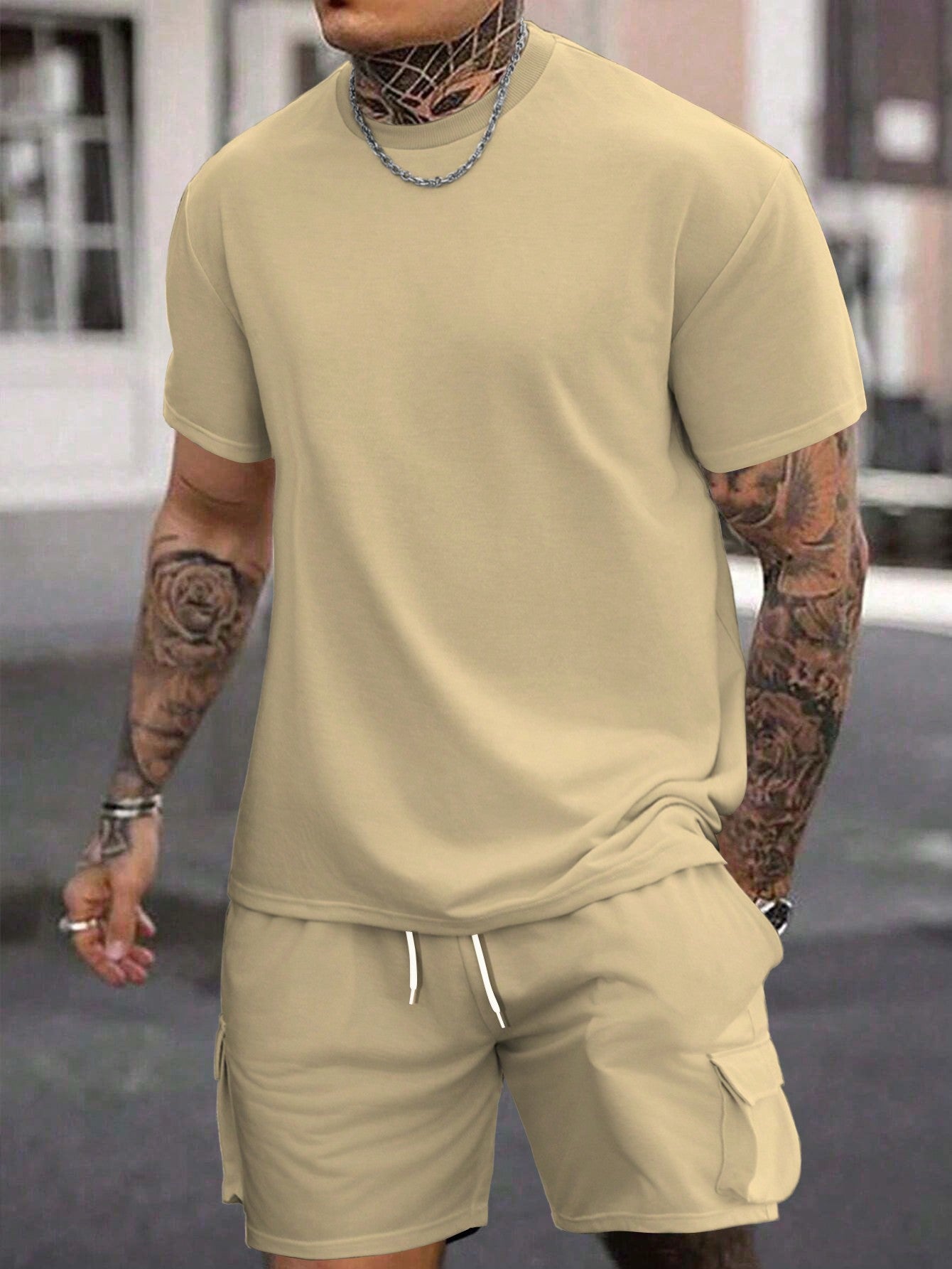 Men's Plus Size Summer Solid Color Round Neck Short Sleeve Casual T-Shirt And Drawstring Waist Shorts Set