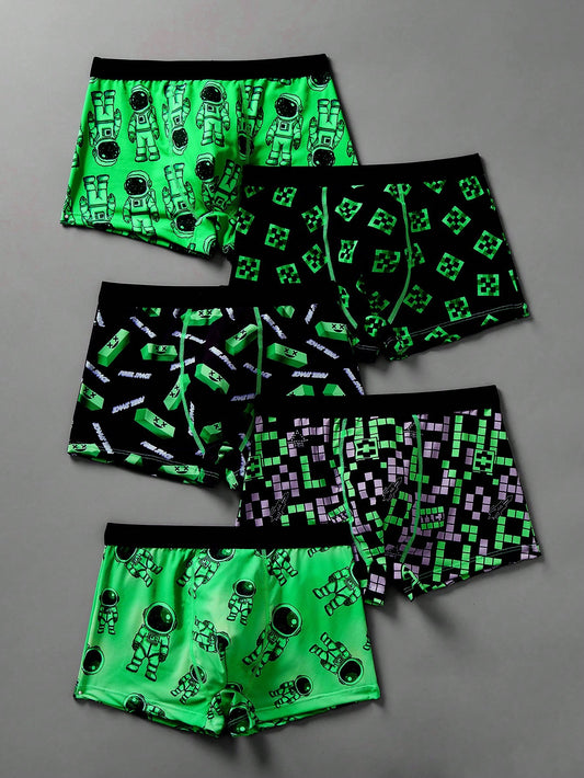 5pcs/Set Cartoon Pattern Knitted Comfortable Breathable Boxer Briefs For Tween Boys