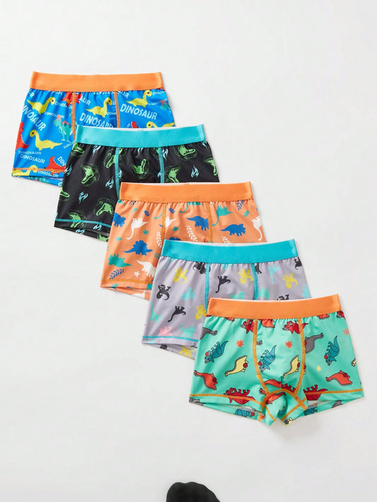 5pcs Young Girls' Dinosaur Pattern Knitted Comfortable Breathable Elastic Waist Boxer Shorts