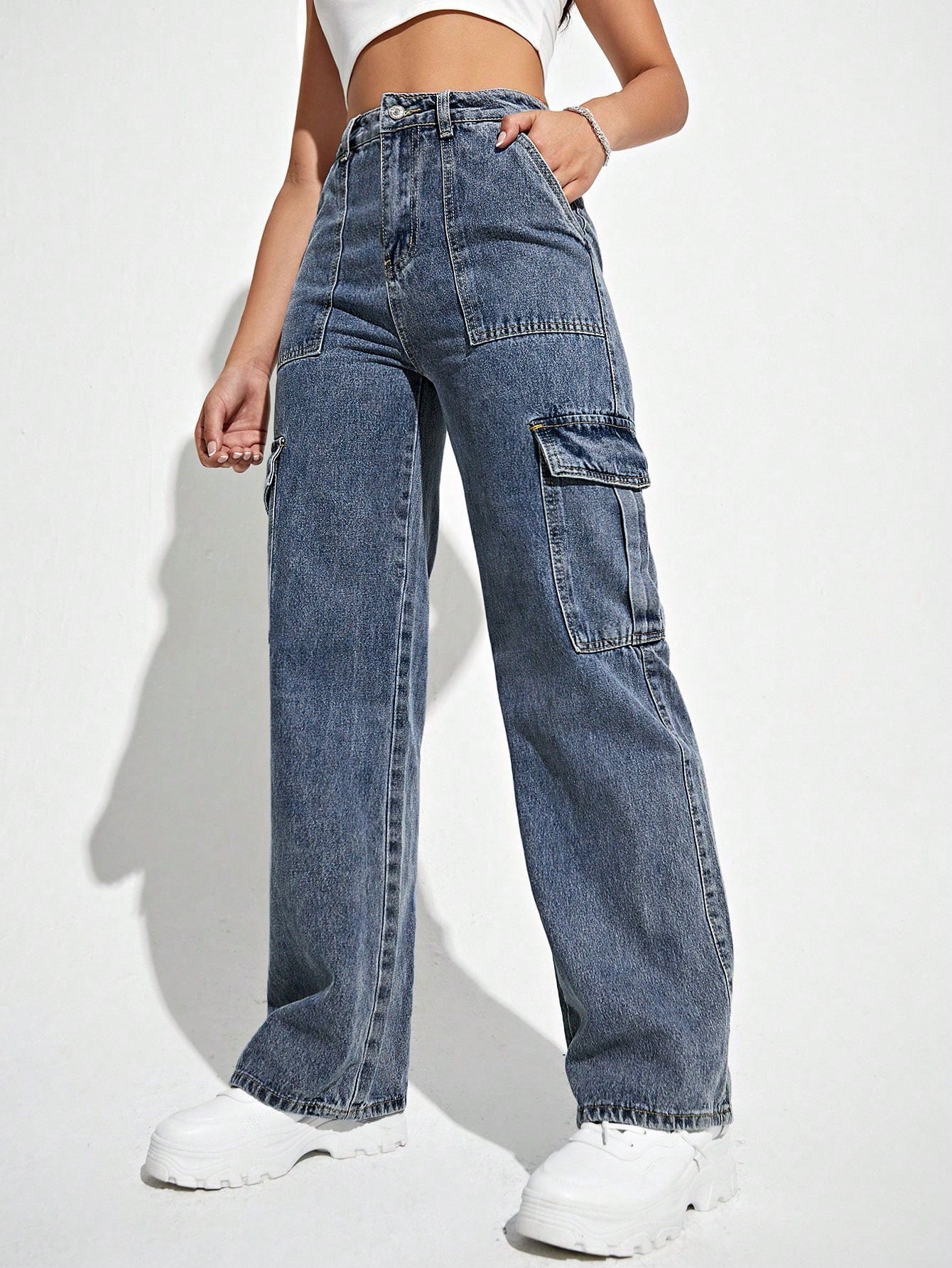 High Waisted Flap Pocket Cargo Jeans