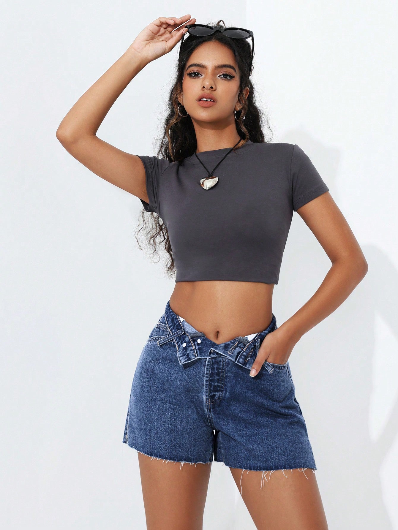 Women Asymmetrical Waist Fashionable Street Style Denim Shorts With Frayed Hem For Summer