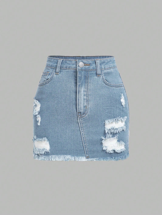 Plus Size Summer Casual Denim Skirt With Distressed And Frayed Edges