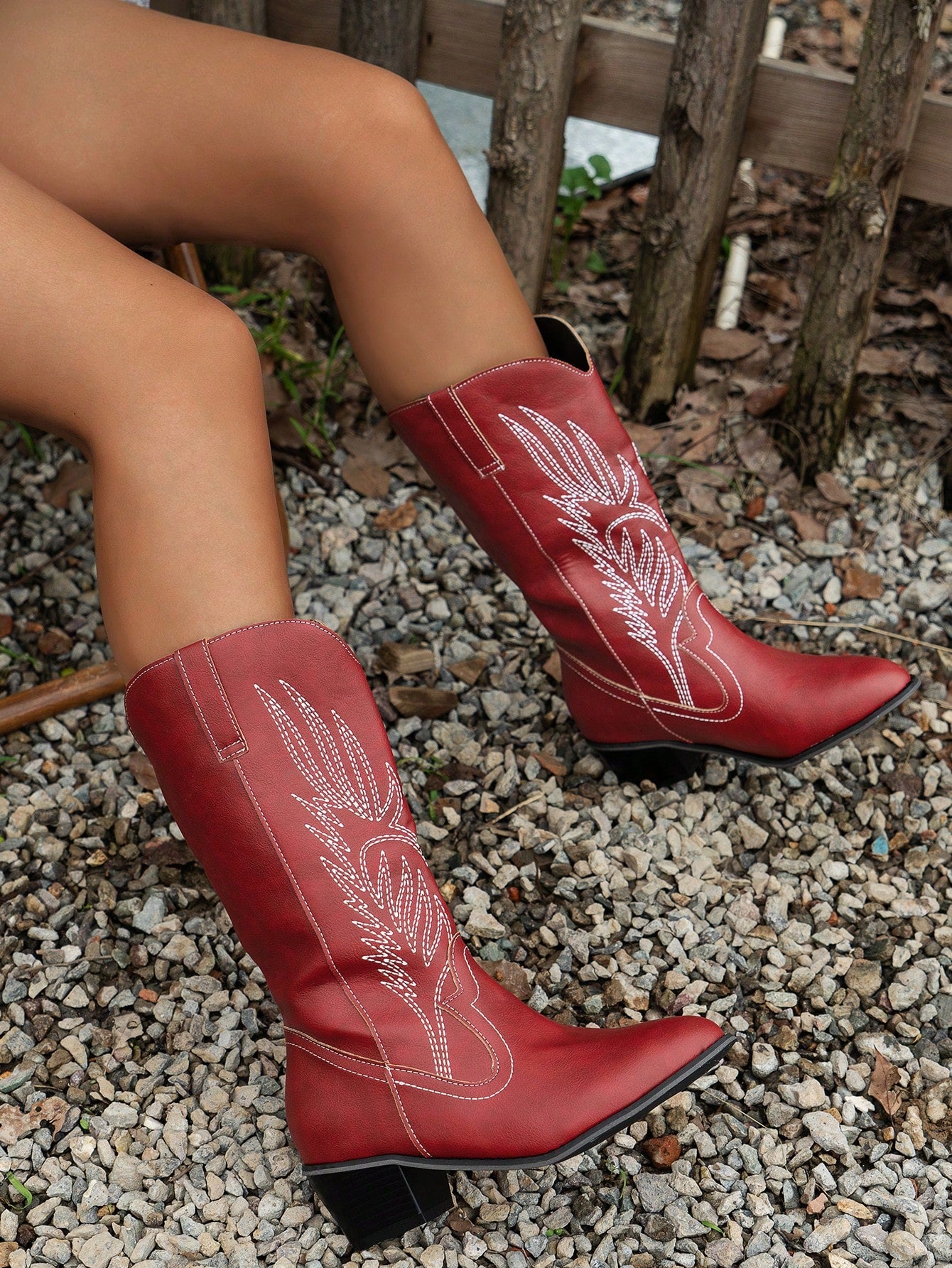 New Chunky Heel Mid-Calf Western Cowboy Boots With Embroidery, Vintage Pointed Toe Equestrian Riding Boots For Women, Cowgirl Boots