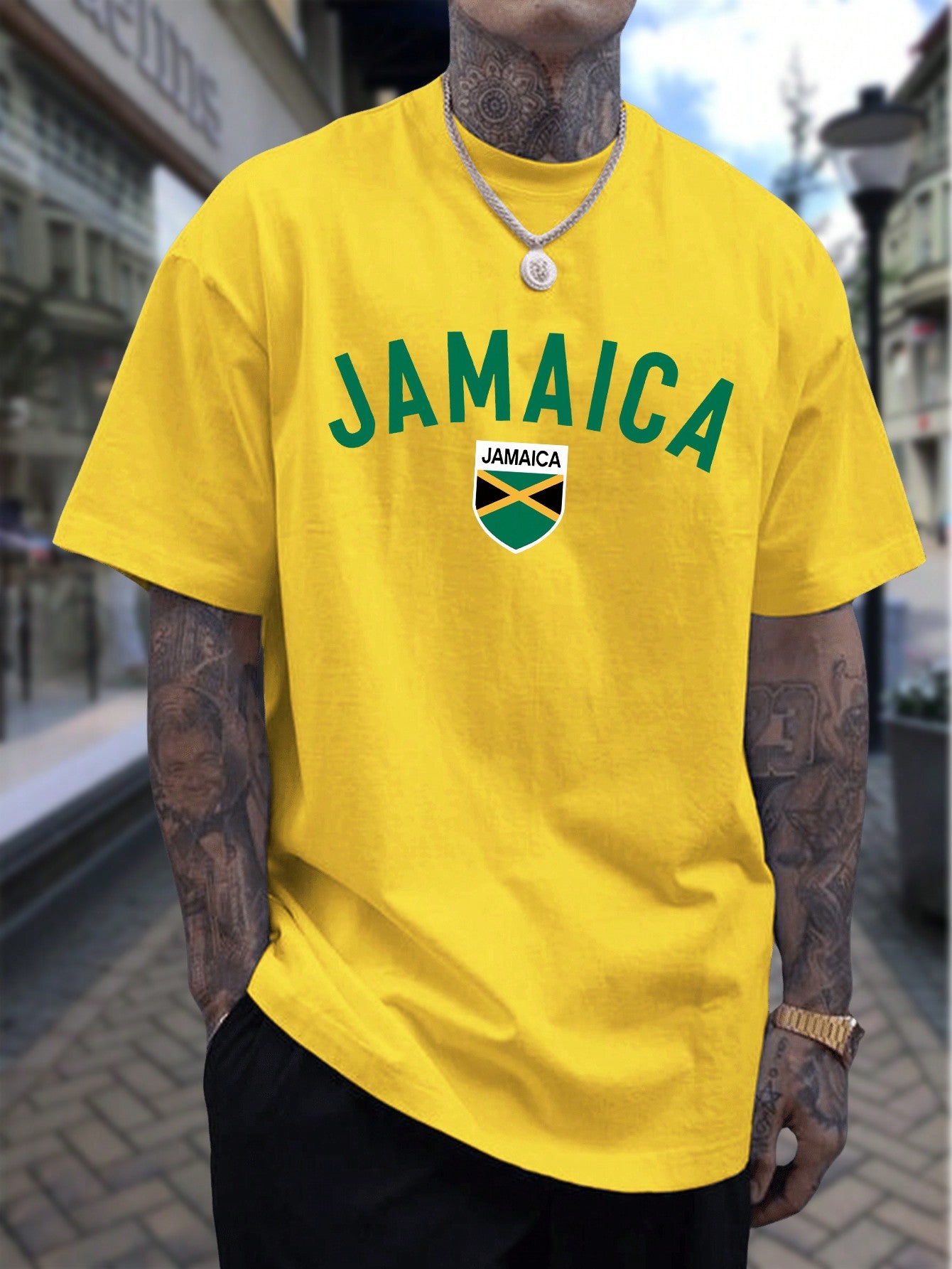 Men Plus Jamaica Letter Graphic  Drop Shoulder Oversized Tee For Summer