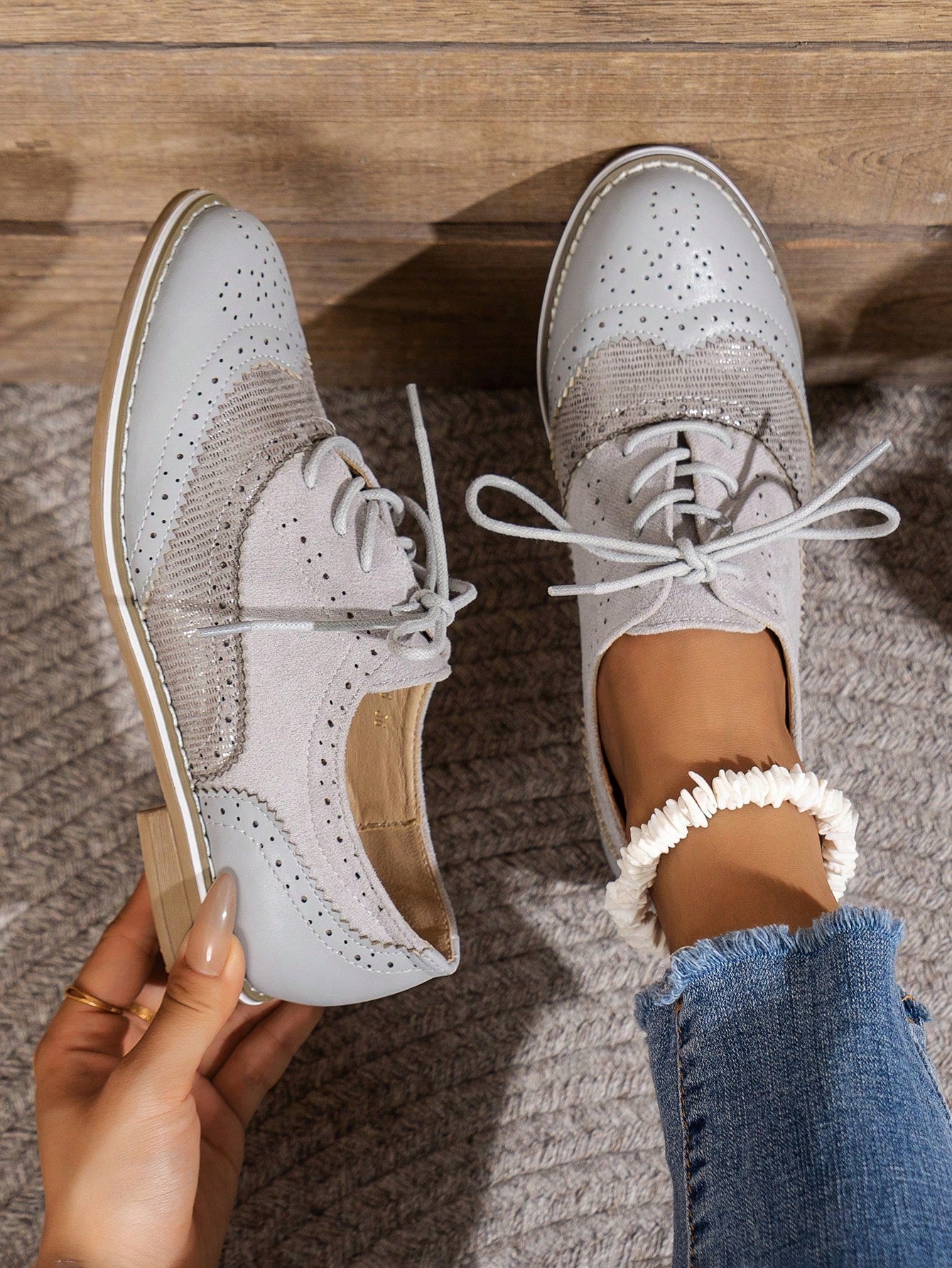 Women's Light Gray Fashion Patchwork Design Comfortable Round Toe Brogue Oxford Shoes