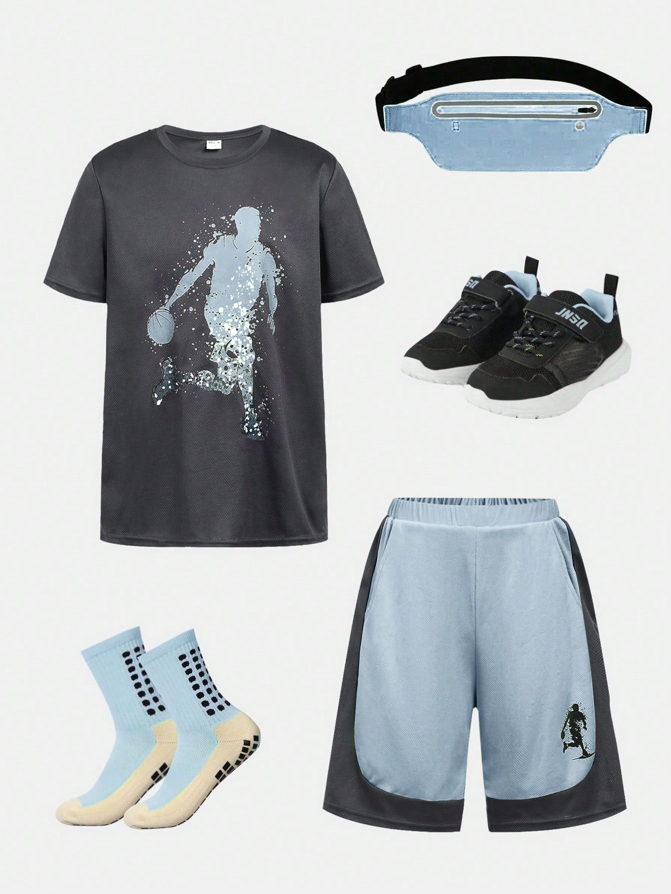 Tween Boy Casual Basketball Printed Round Neck Short Sleeve T-Shirt And Shorts Set, With Color-Blocking