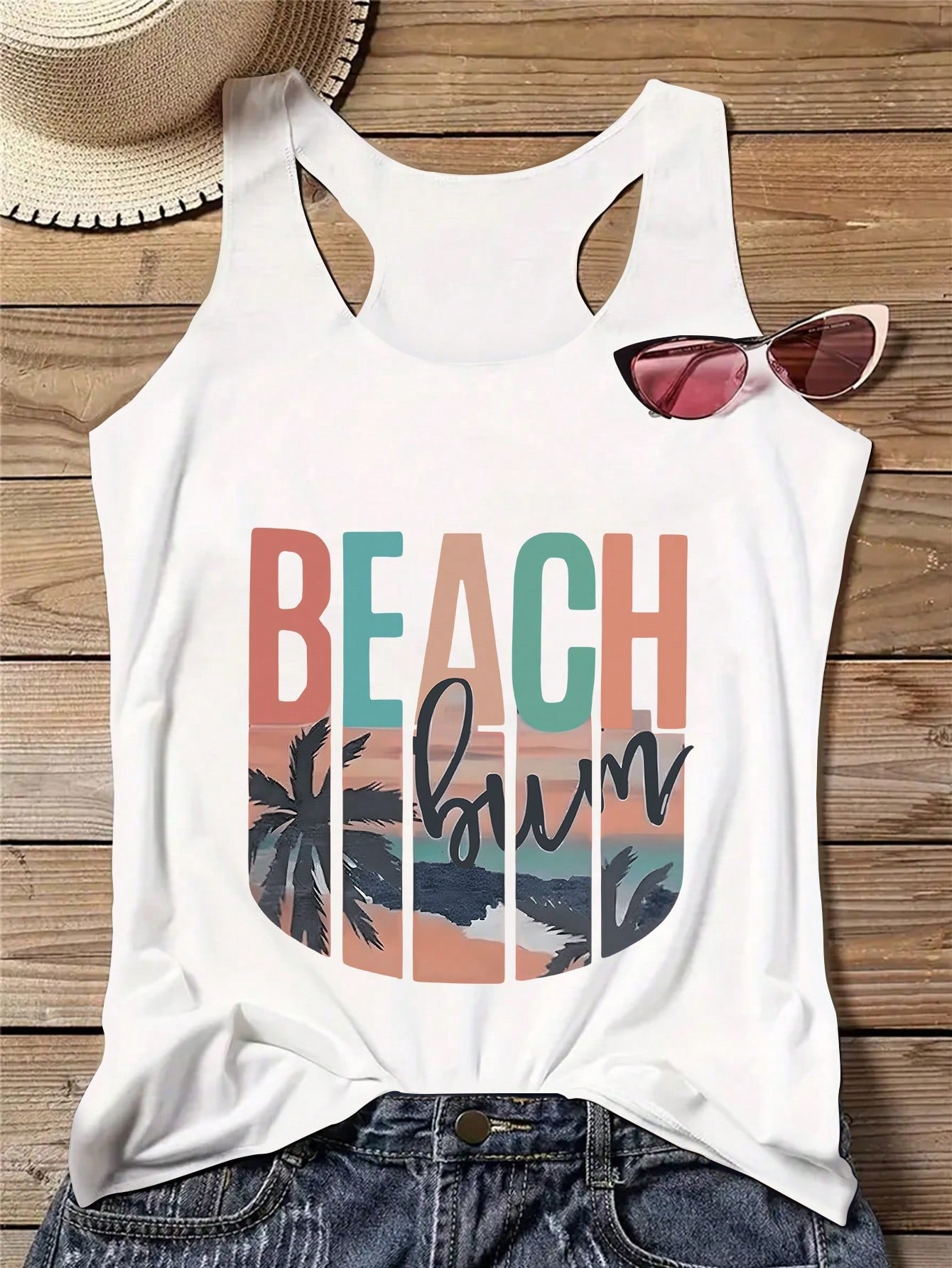 Plus Size Vacation Casual Coconut Tree & Letter Printed Tank Top