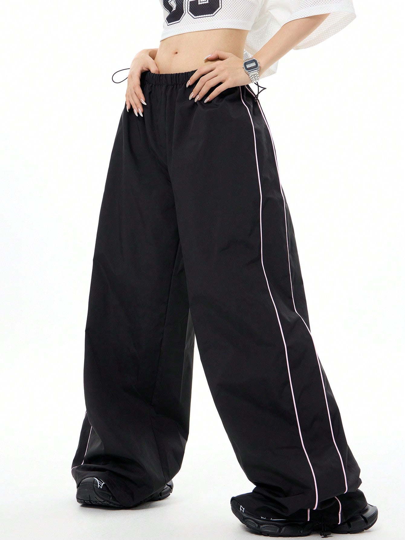 Coolane Y2k Street-Style Versatile  Wide-Leg Pants, Low Waist Drawstring Waist Contrast Piping Pants