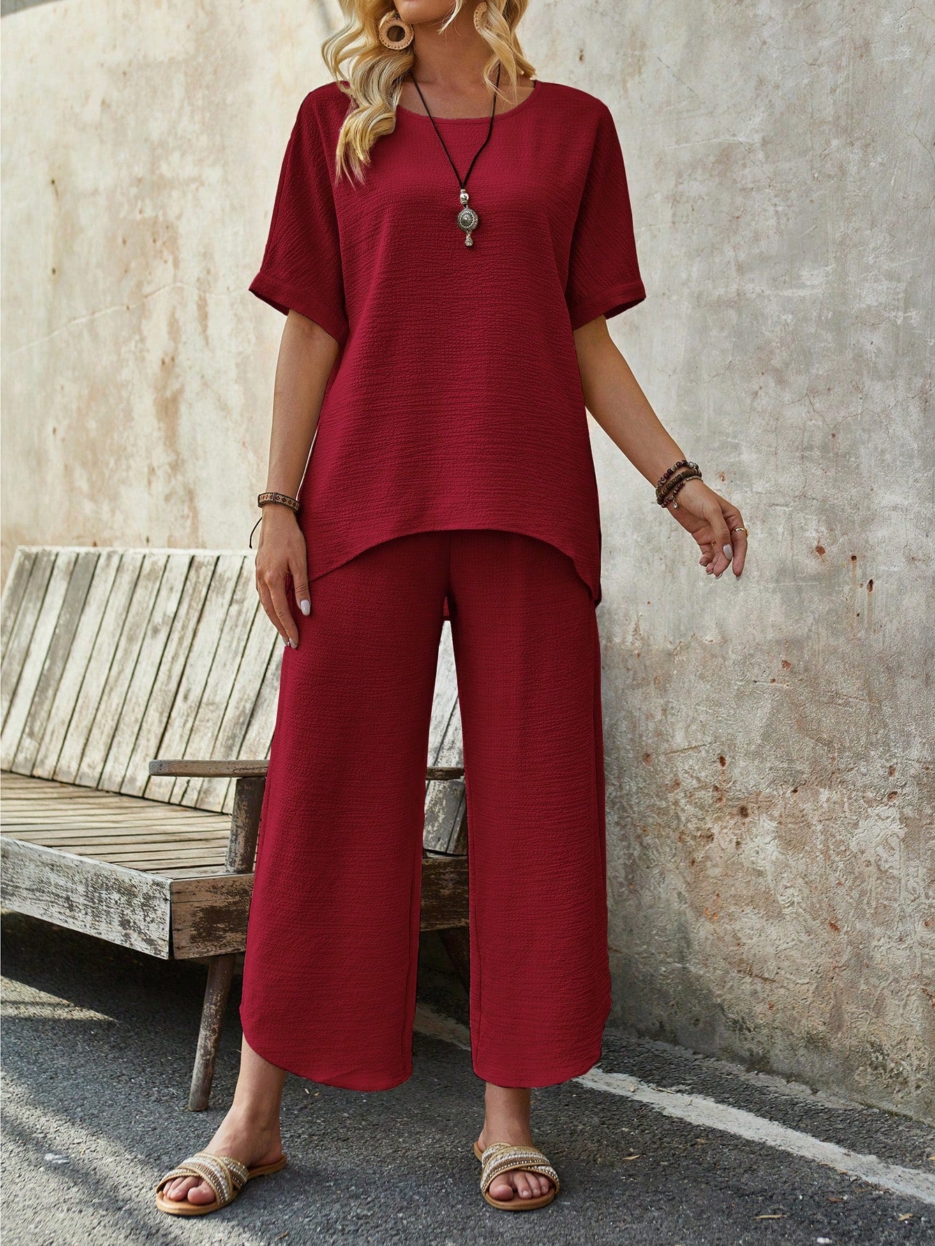 Women's Summer Short-Sleeve Asymmetrical Hem Top And Trousers Two-Piece Set