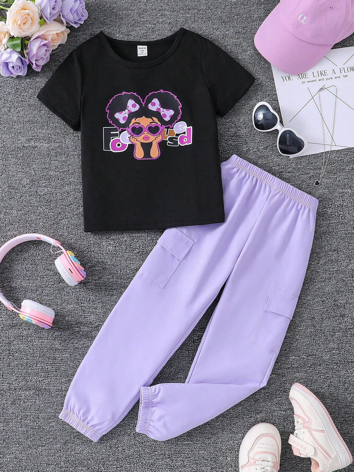 Young Girl Summer Short Sleeve T-Shirt And Cargo Pants Casual Two-Piece Set With Letter And Cartoon Print