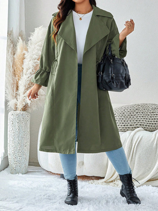 Plus Size Solid Color Stand Collar Drawstring Long Sleeve Long Trench Coat, Casual Daily Wear For Autumn & Winter