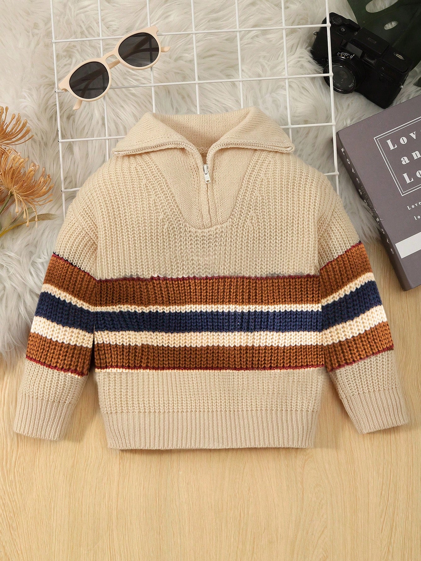 2pcs Young Boys' Casual Comfortable Style Color Block Stripe Pattern Half-Zip Sweater With Large Lapel, Warm And Comfortable Long Sleeve Knitwear Suitable For Outdoor Street Photography And Play