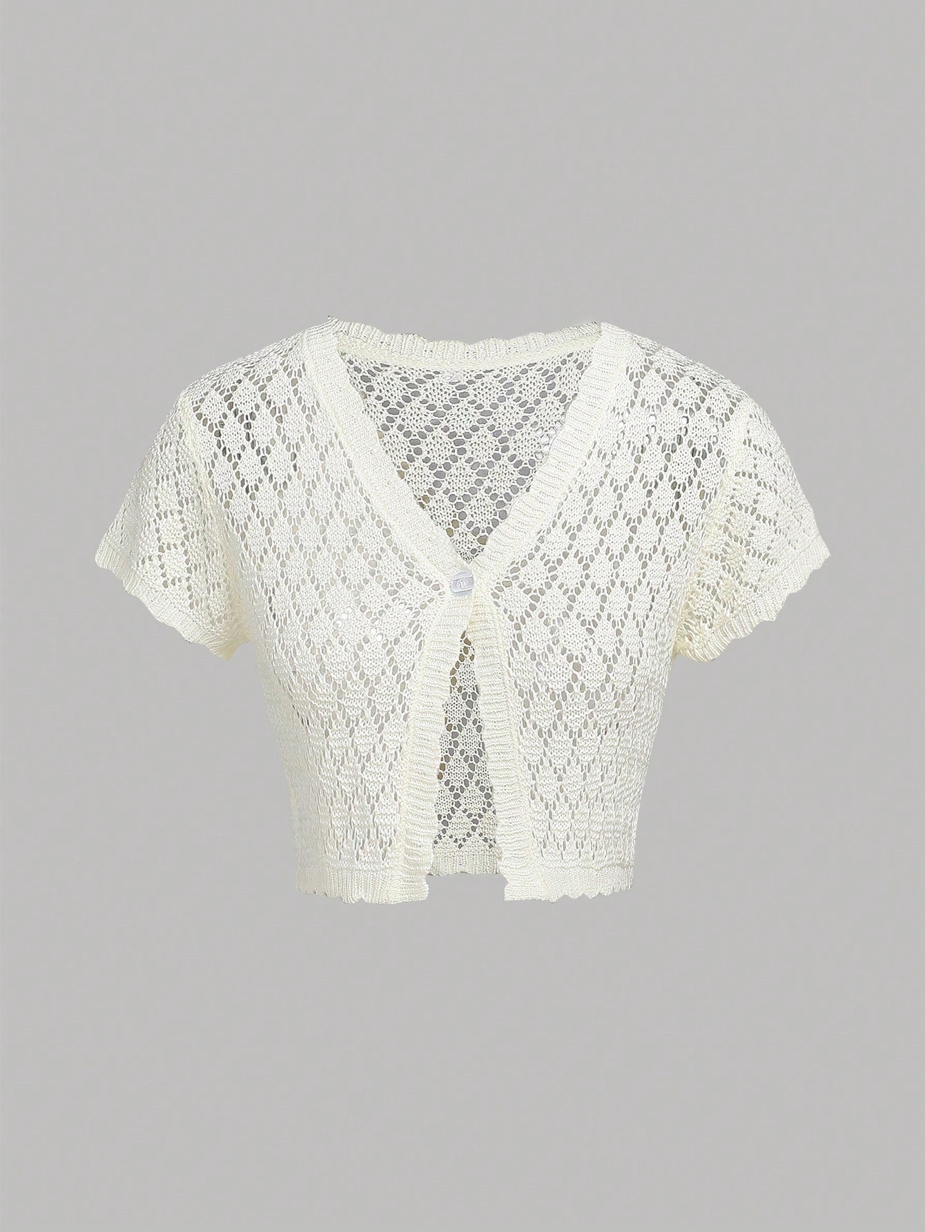 Teen Girl White Hollow Textured Short Cropped Knitted Cardigan, Perfect For Holiday & Casual Outings