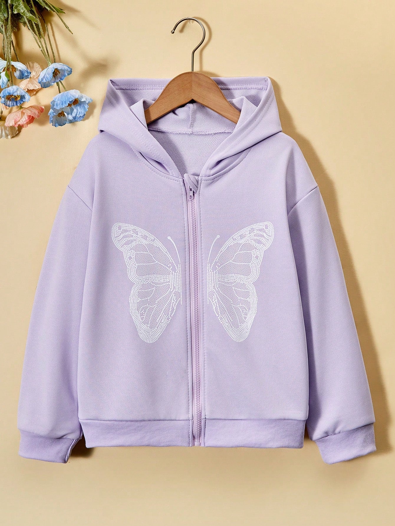 Tween Girl's Butterfly Printed Hooded Sweatshirt With Zipper, Spring/Autumn