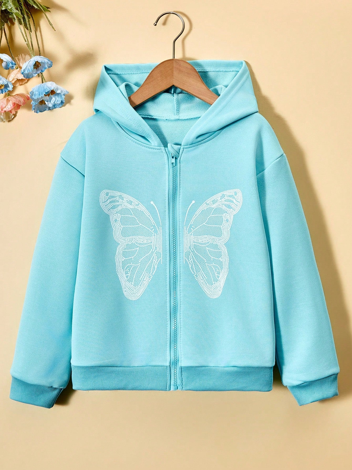 Tween Girl's Butterfly Printed Hooded Sweatshirt With Zipper, Spring/Autumn