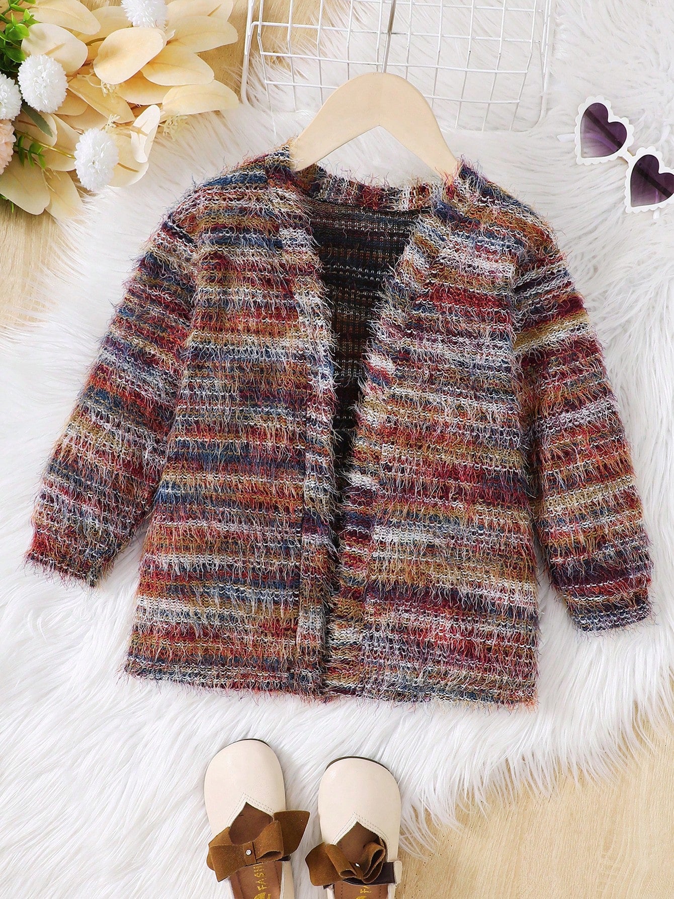 Girls Casual Multi-Color Long Sleeve Knit Cardigan With Trim, Suitable For Commuting In Winter