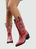 Fairycore Women's Pointed Toe Chunky Heel Deep V Detail Embroidered Western Style Horse Riding Boots, Outdoor Fashion Mid-Calf Boots, Cowgirl Boots