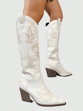 Fairycore 2024 New Women's Pointed Toe Western Boots With Thick Heels, Floral Embroidery, Over-The-Knee High Fashion Boots For Outdoor