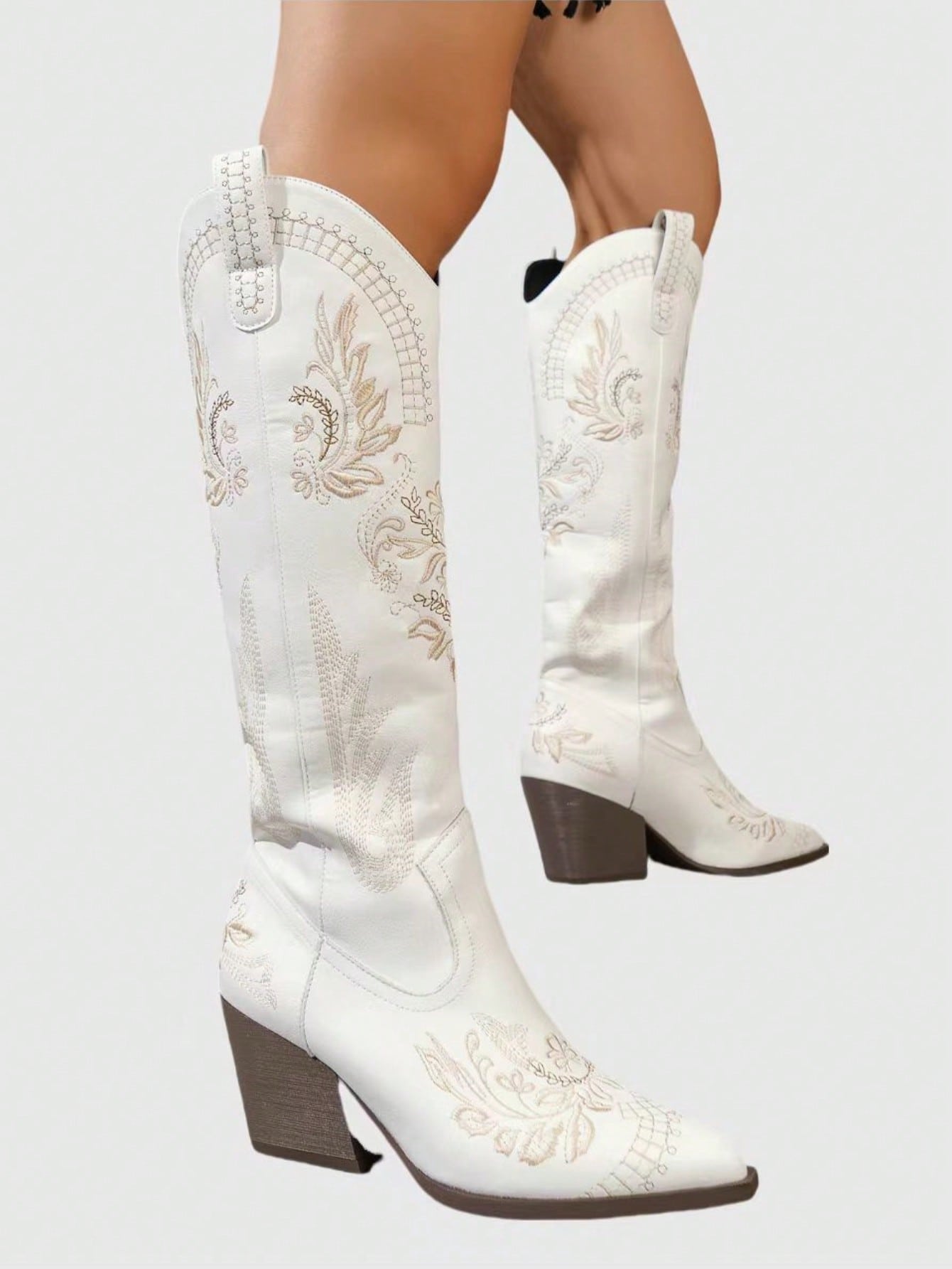 Fairycore 2024 New Women's Pointed Toe Western Boots With Thick Heels, Floral Embroidery, Over-The-Knee High Fashion Boots For Outdoor