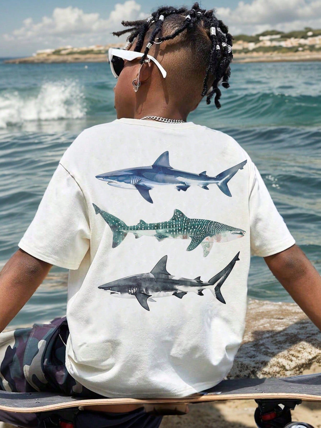 Tween Boy's Casual And Simple Scenery Printed Short Sleeve Round Neck T-Shirt, Suitable For Summer. (Back Of Clothes)