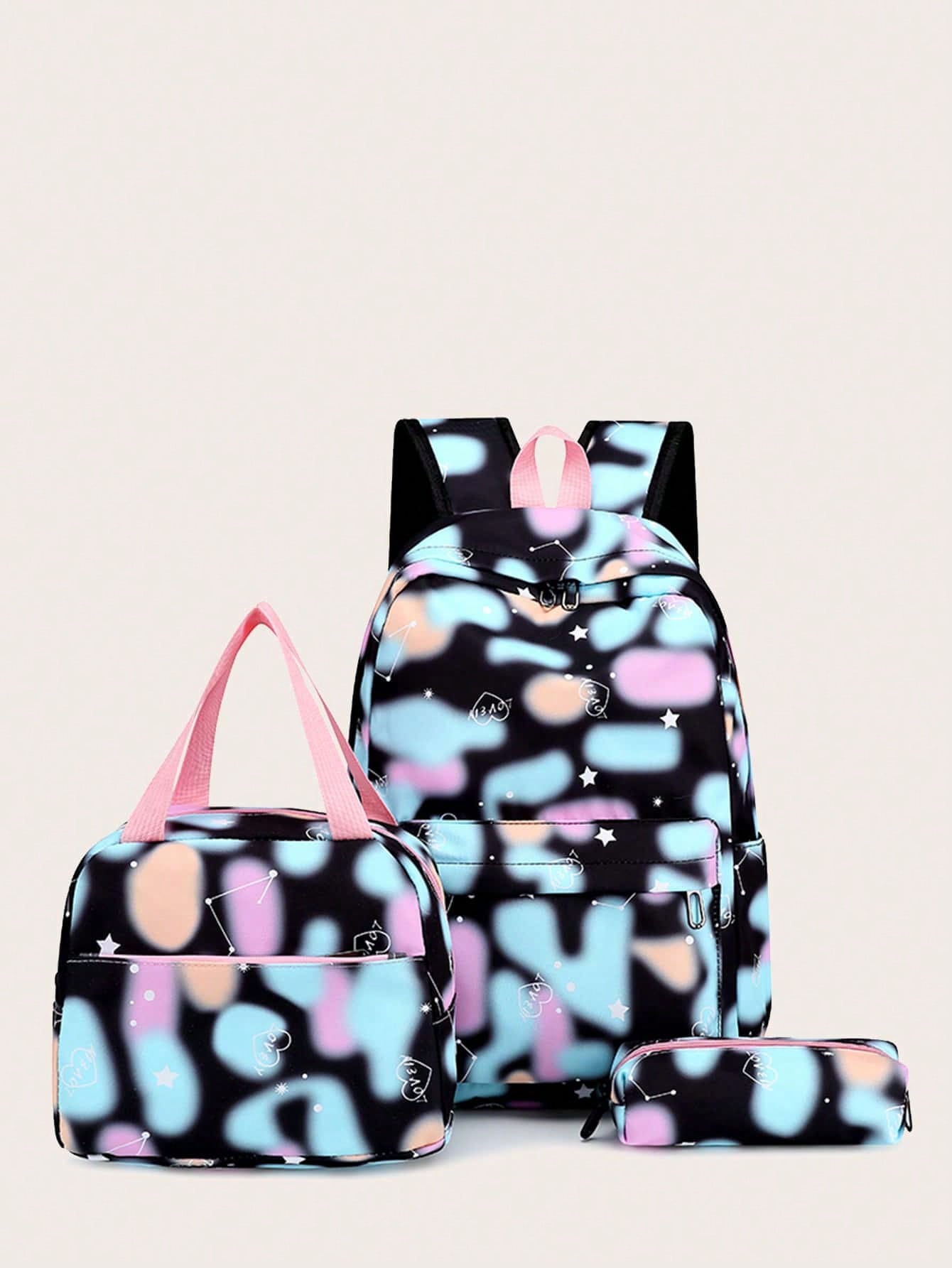 3pcs Girls Colorblock Geometric Pattern Backpack Set