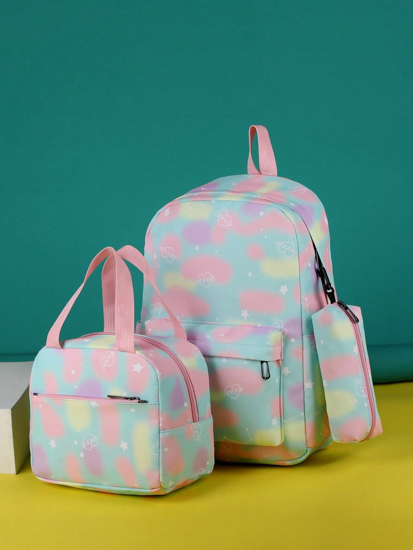 3pcs Girls Colorblock Geometric Pattern Backpack Set