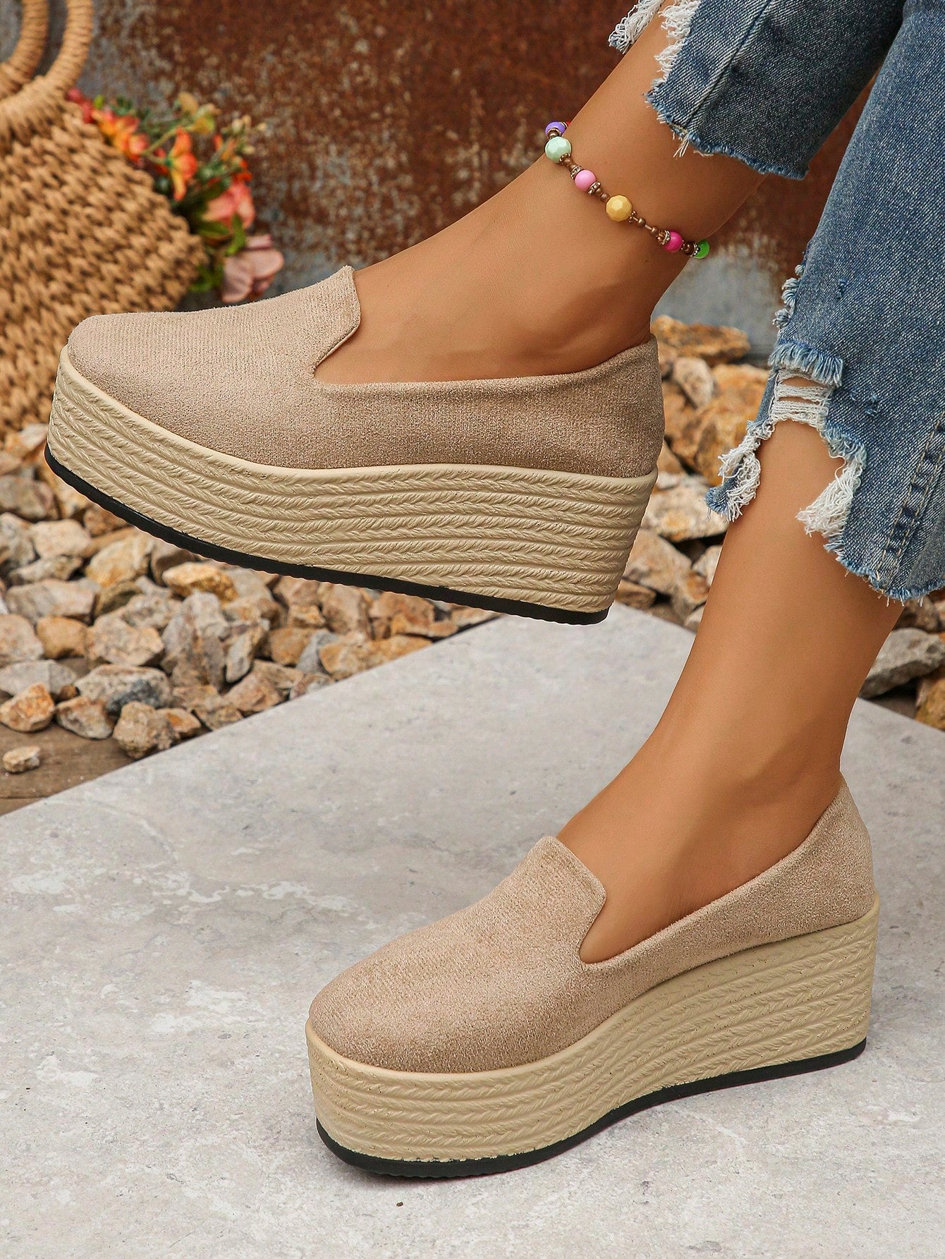 European And American Plus Size 36-43 Women's Suede Wedge Heel Shoes With High Waterproof Platform, Fashionable And Versatile Slip-On Women's Shoes For Summer