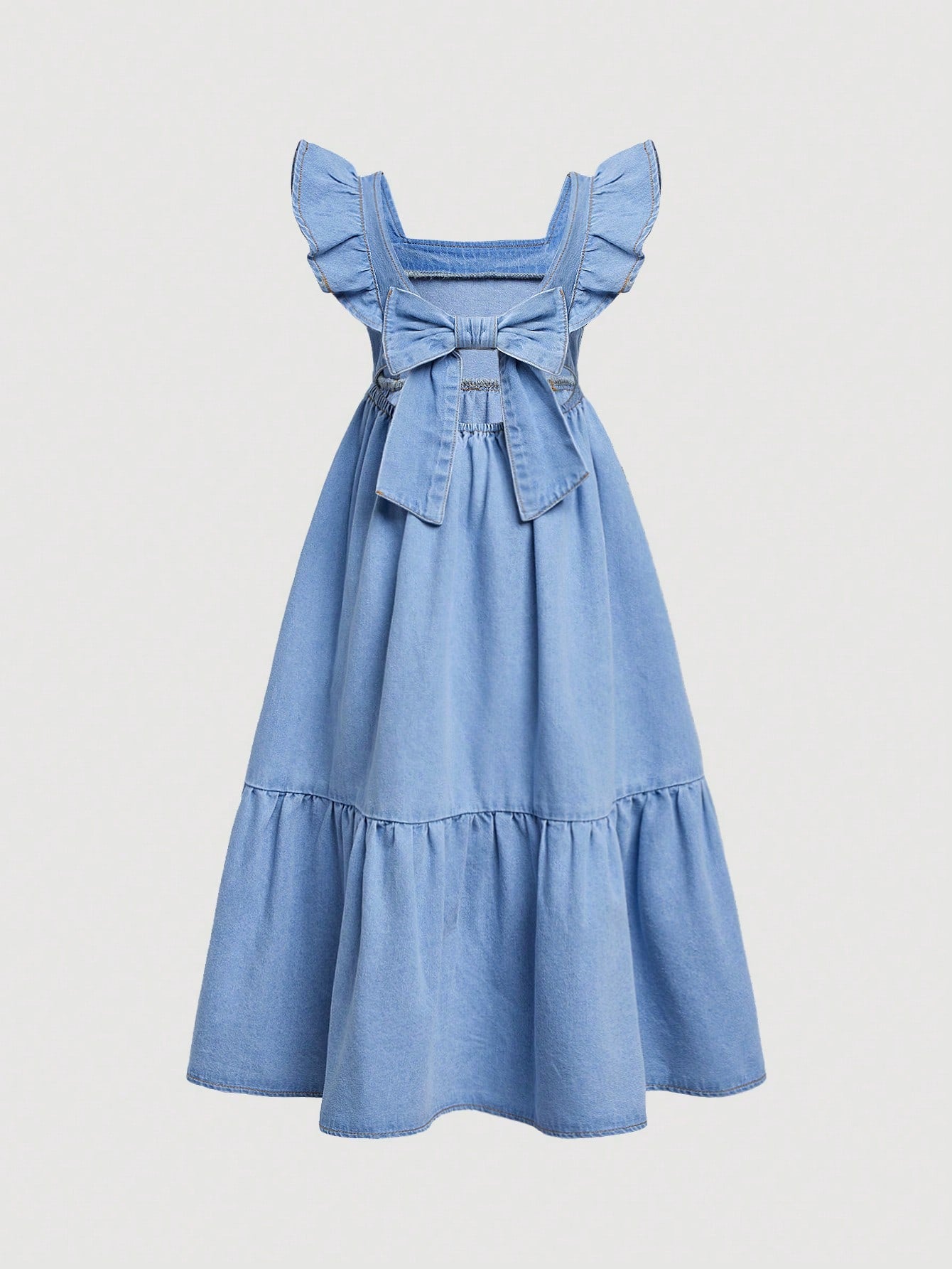 Girls' Blue Denim Dress With Bowknot, Square Collar And Ruffled Hem