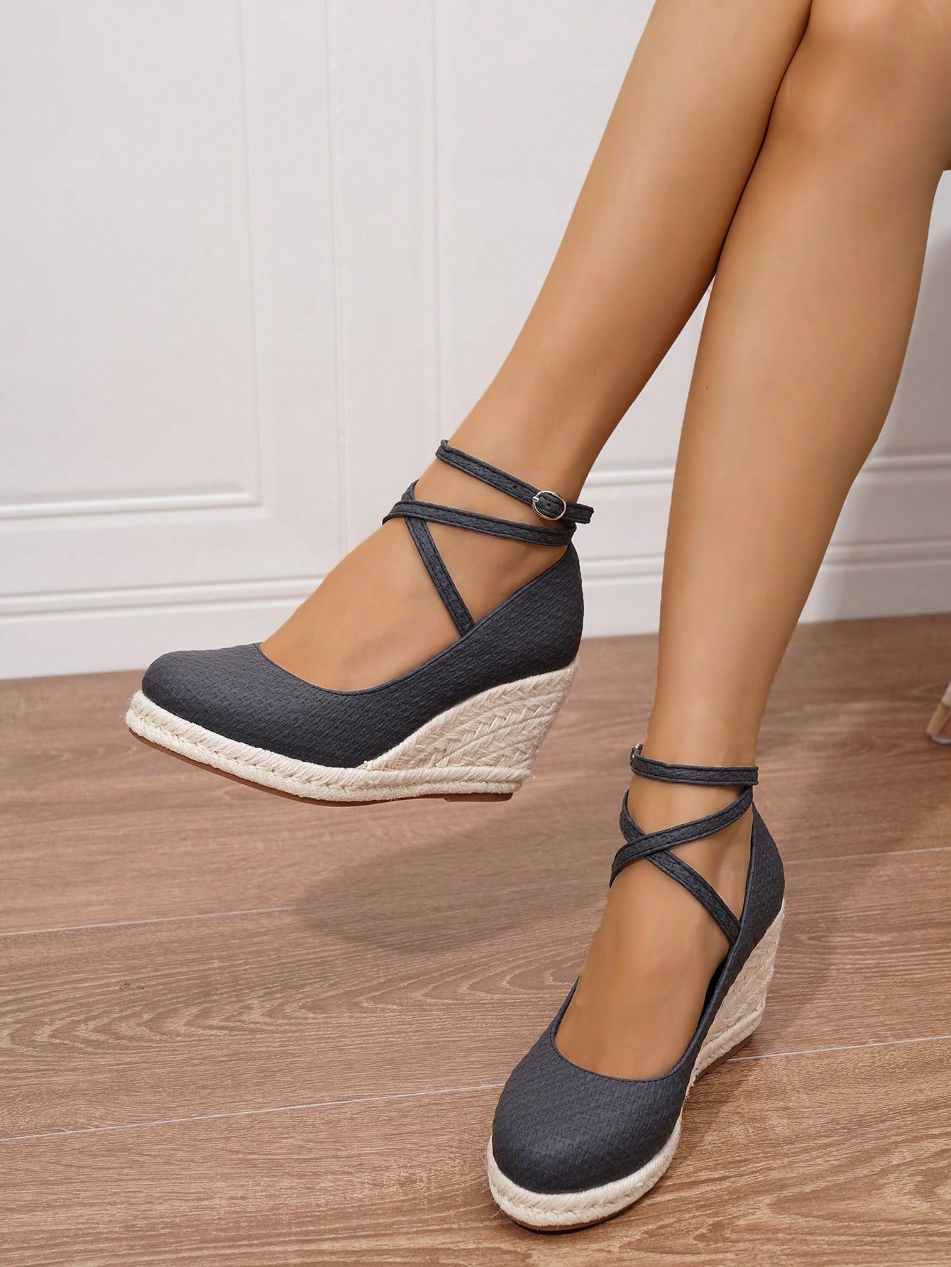 Women's Simple Ankle Strap Crisscross Espadrille Sandals, Holiday Gray Faux Leather Ankle Strap Jute Sole Wedge Platform Sandals