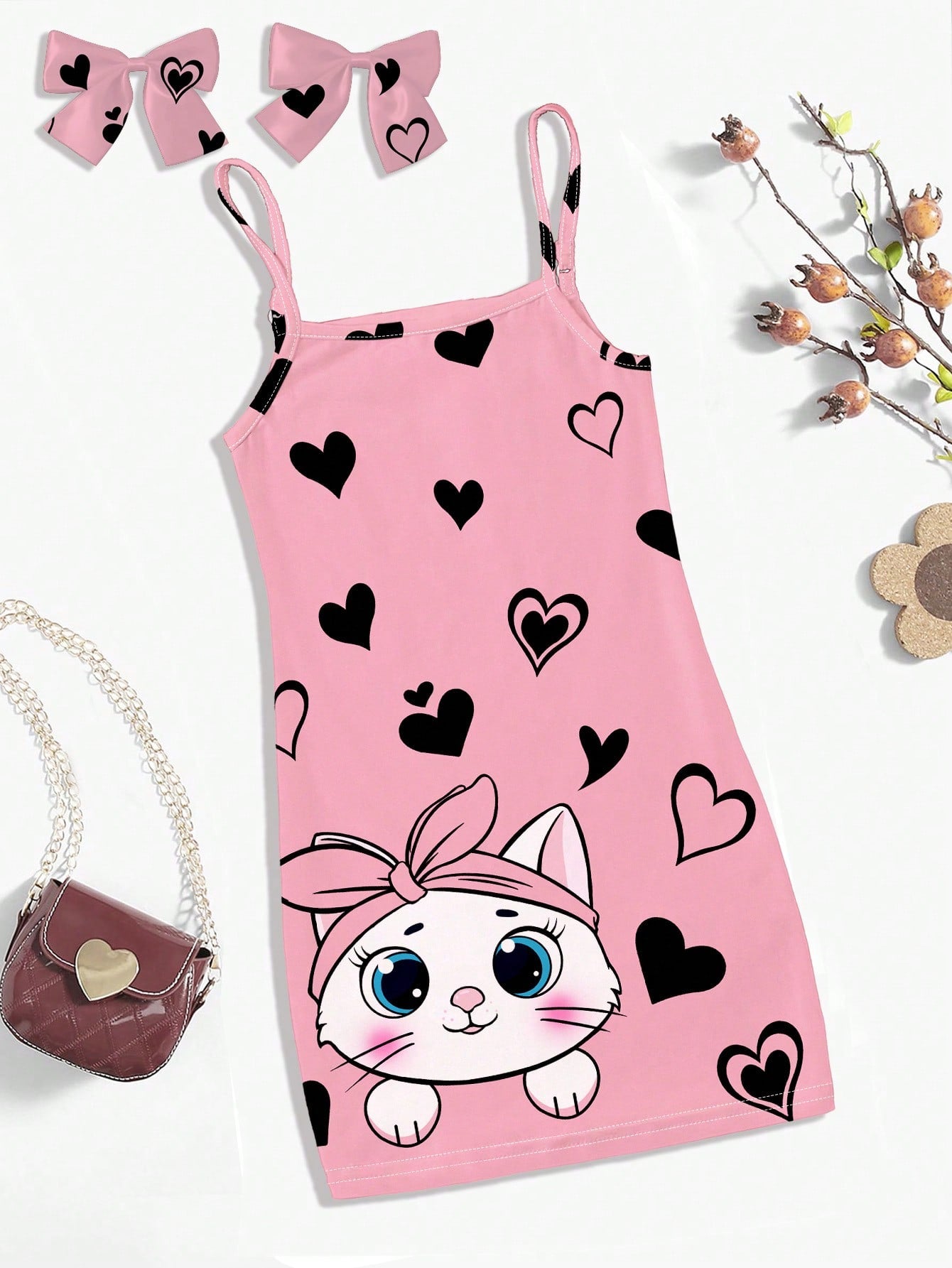 Young Girl Pink Cat Heart Printed Cartoon Dress, Casual Cami Dress Suitable For Summer