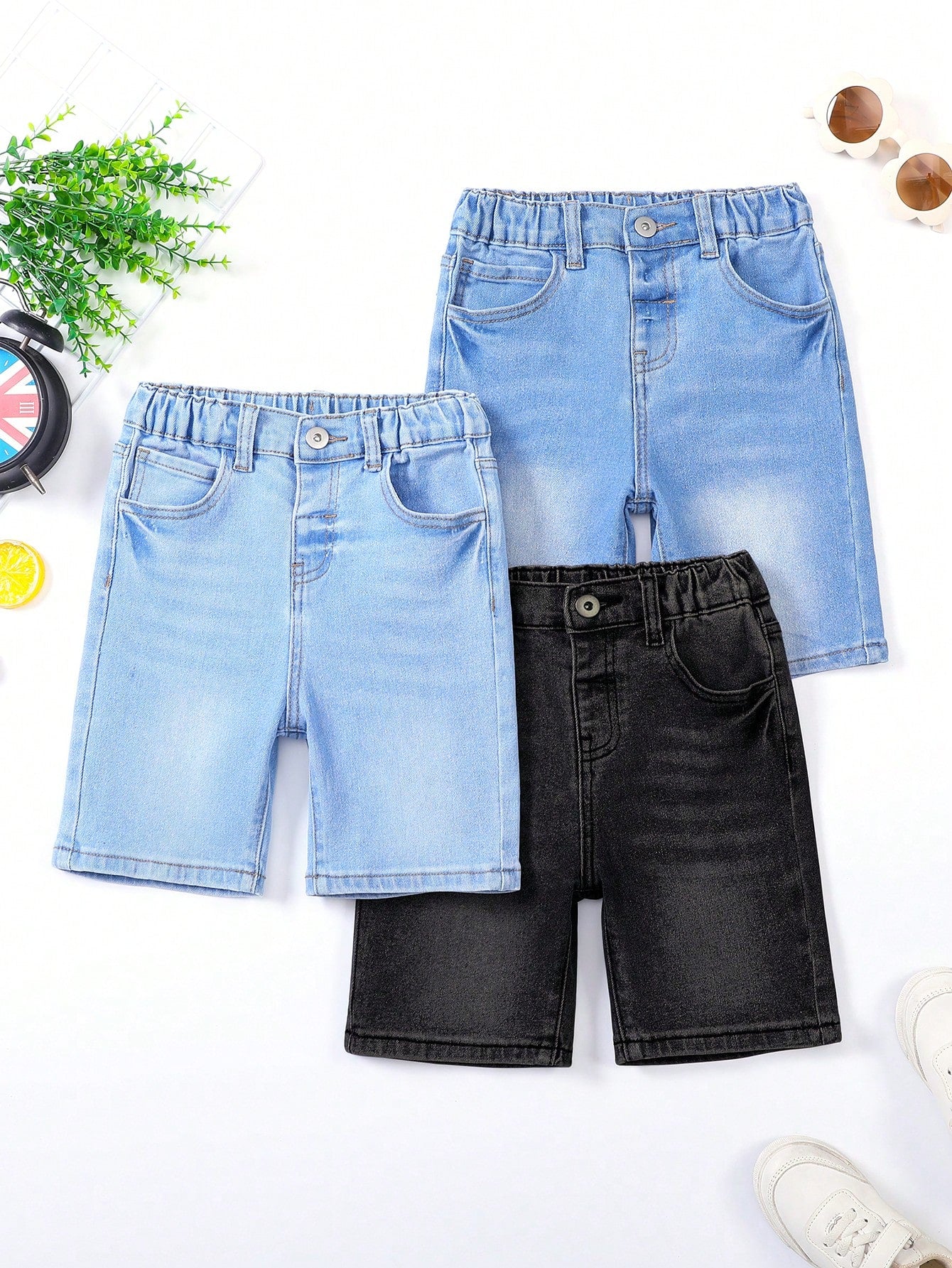 Young Boy Solid Color Elastic Denim Shorts Set With Pockets