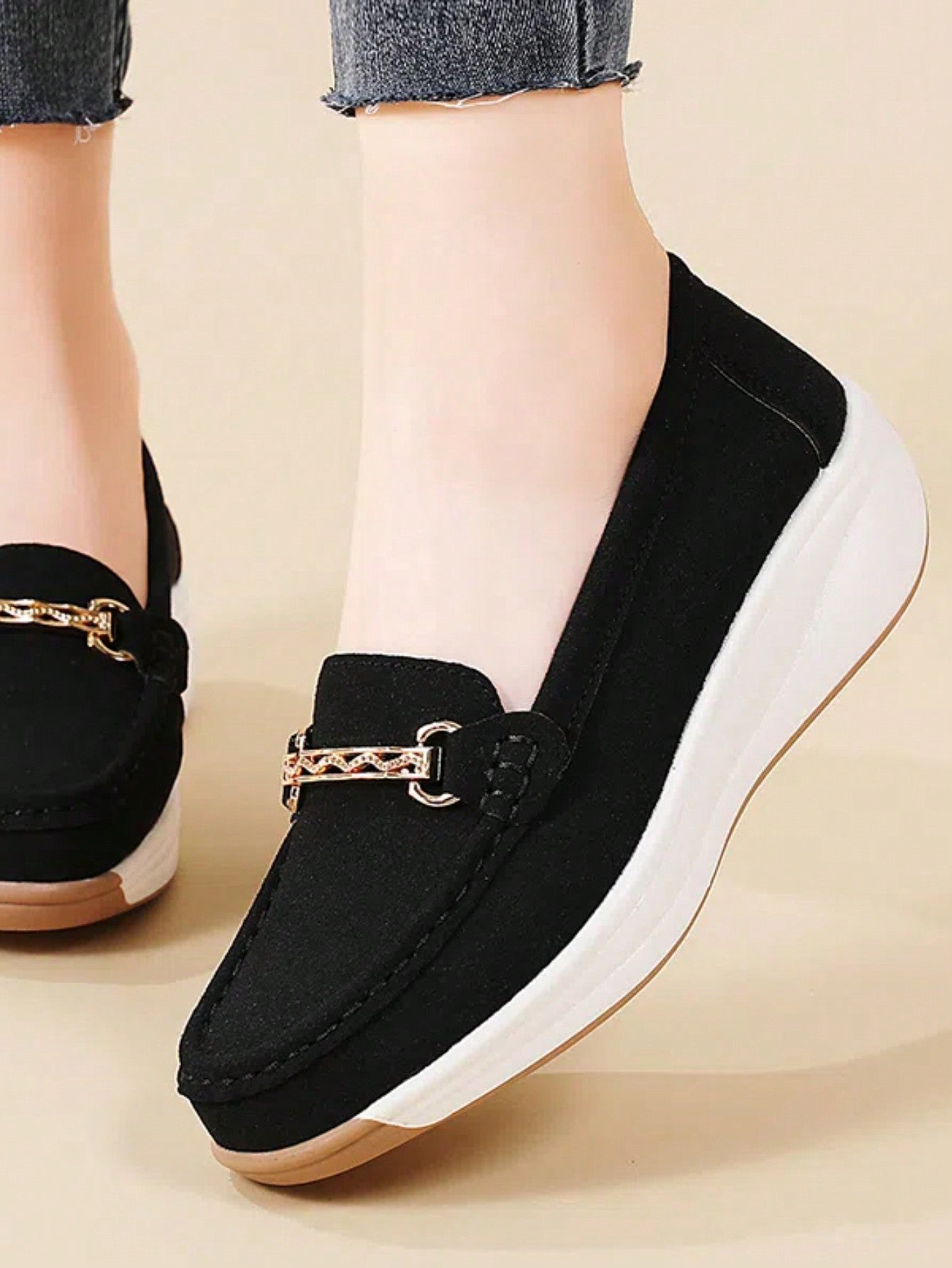 Women's Thick Bottom Wedge Heel Loafers, Hand Stitched Soft Sole, Solid Color Slip-On Shoes For Spring/Autumn/Winter