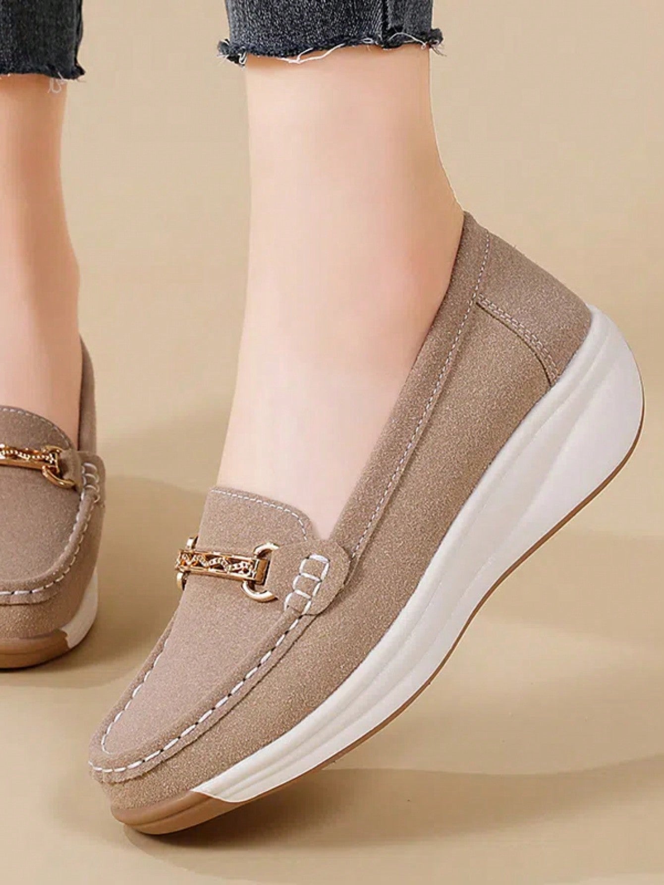 Women's Thick Bottom Wedge Heel Loafers, Hand Stitched Soft Sole, Solid Color Slip-On Shoes For Spring/Autumn/Winter