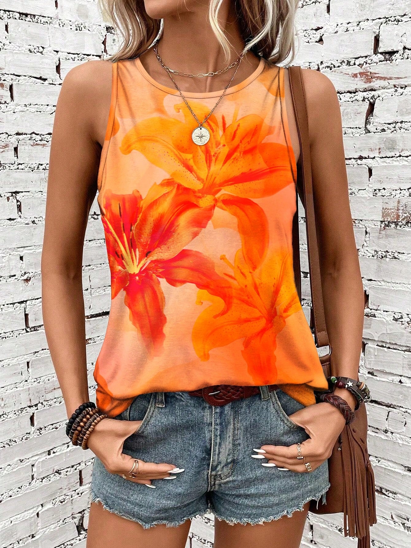 Feather Printed Vacation Style Women Camisole, Spring & Summer